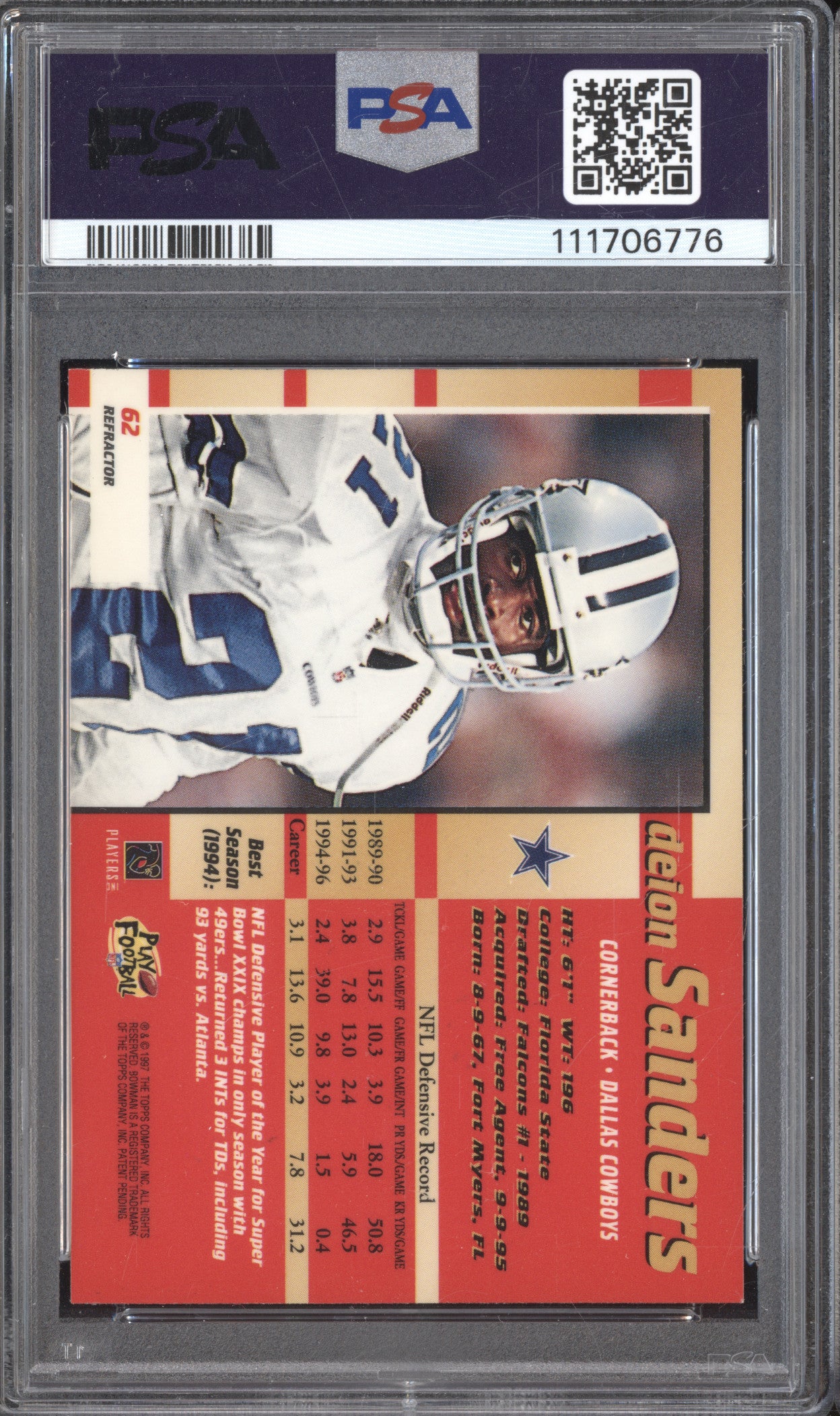 Deion Sanders 1997 Bowman's Best 62 Refractor PSA 9