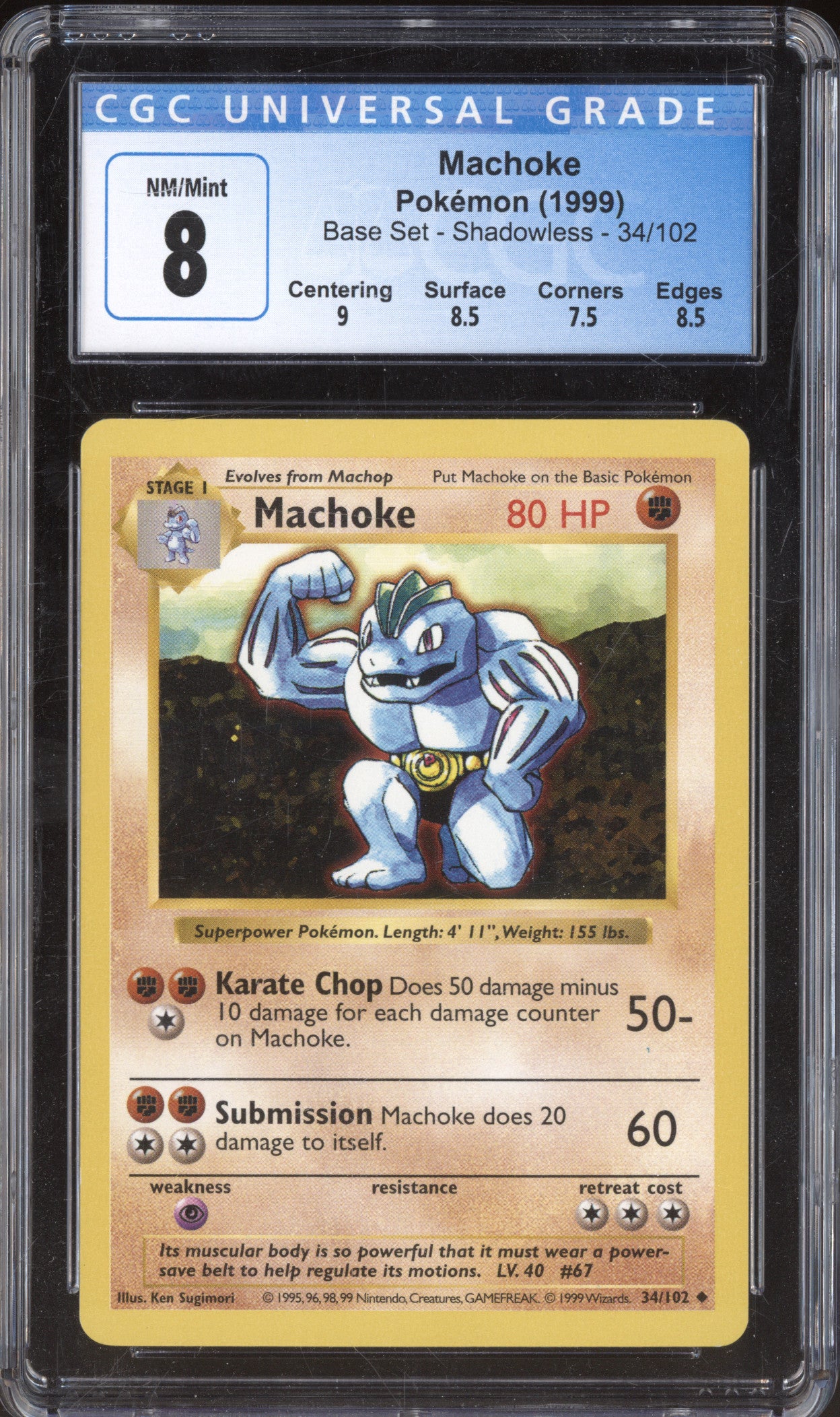 1999 Pokemon Base Set 34/102 Machoke Shadowless CGC 8