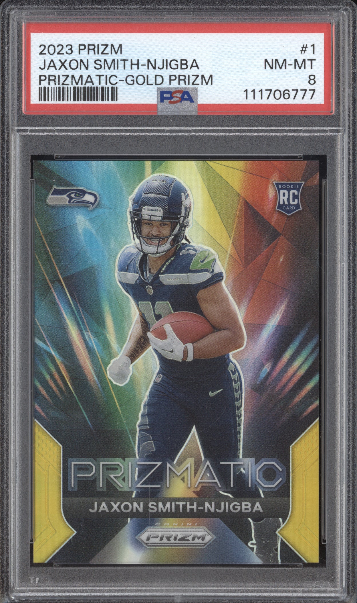 Jaxon Smith-Njigba 2023 Panini Prizm 1 Prizmatic Gold RC 1/10 PSA 8