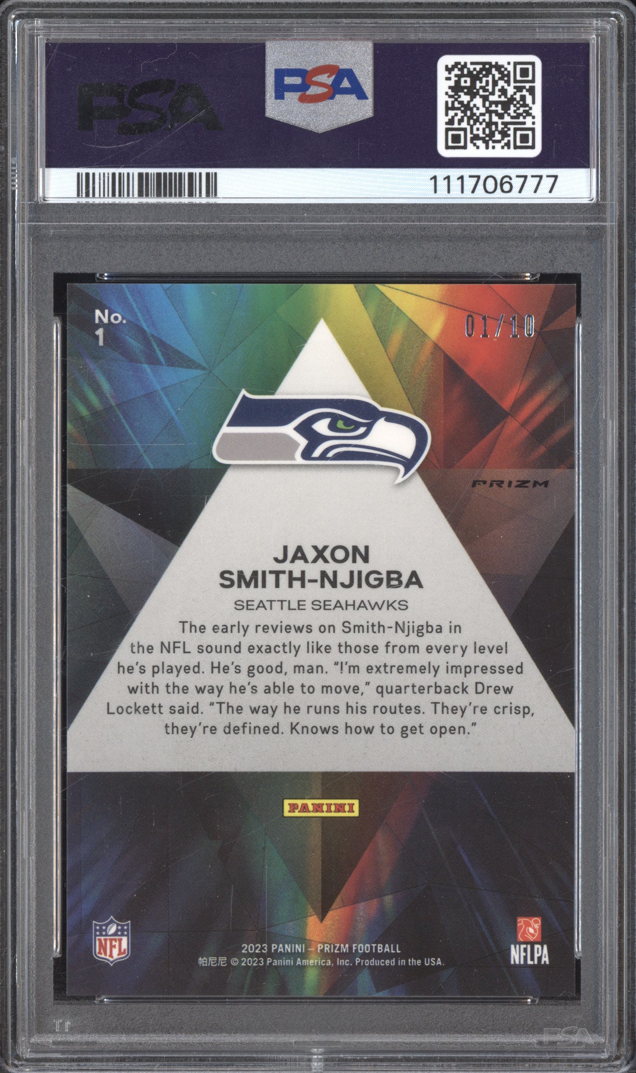 Jaxon Smith-Njigba 2023 Panini Prizm 1 Prizmatic Gold RC 1/10 PSA 8