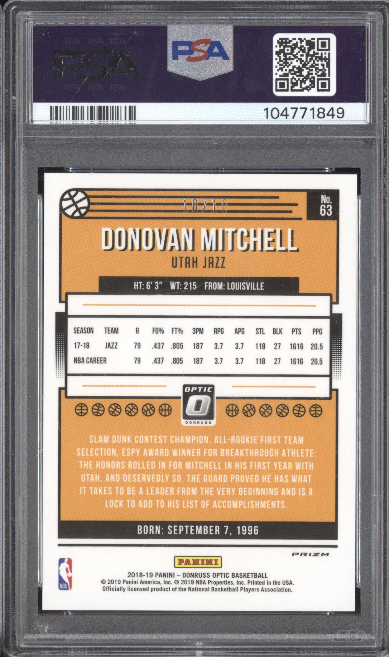 Donovan Mitchell 2018-19 Panini Donruss Optic 63 Fast Break Gold 10/10 PSA 10