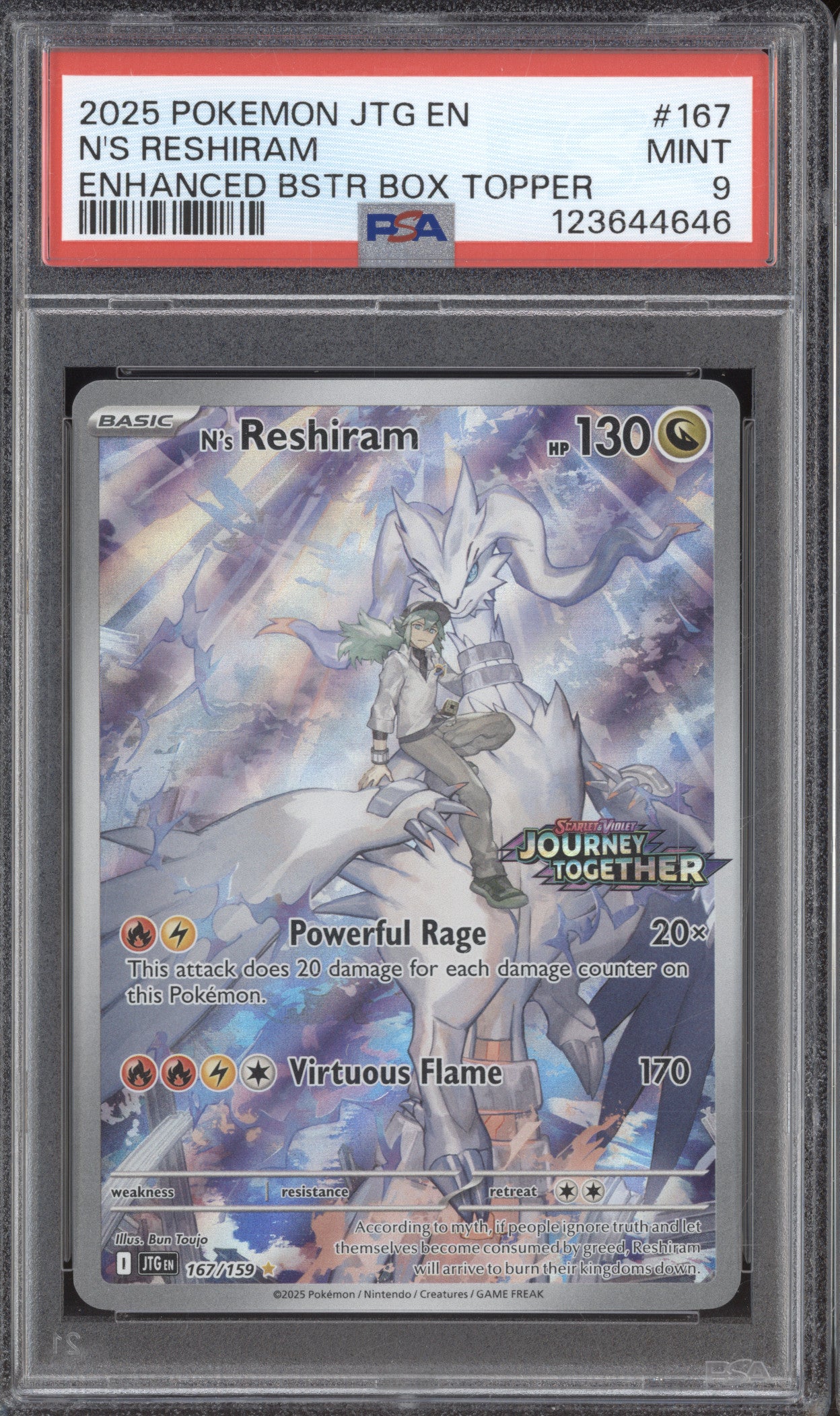 2025 Pokemon Journey Together 167 N's Reshiram Enhanced BSTR Box Topper PSA 9