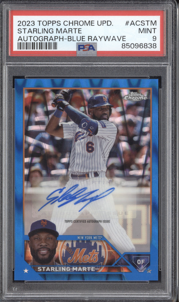 Starling Marte 2023 Topps Chrome Update AC-STM Blue RayWave Auto 1/150 PSA 9