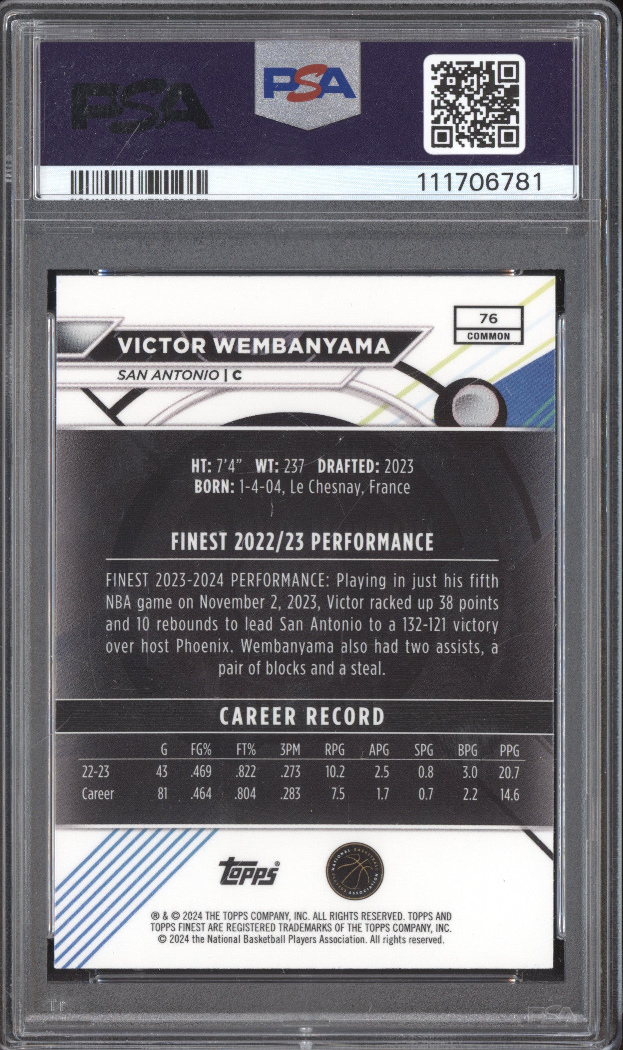 Victor Wembanyama 2023-24 Topps Finest 76 Checkerboard RC PSA 9