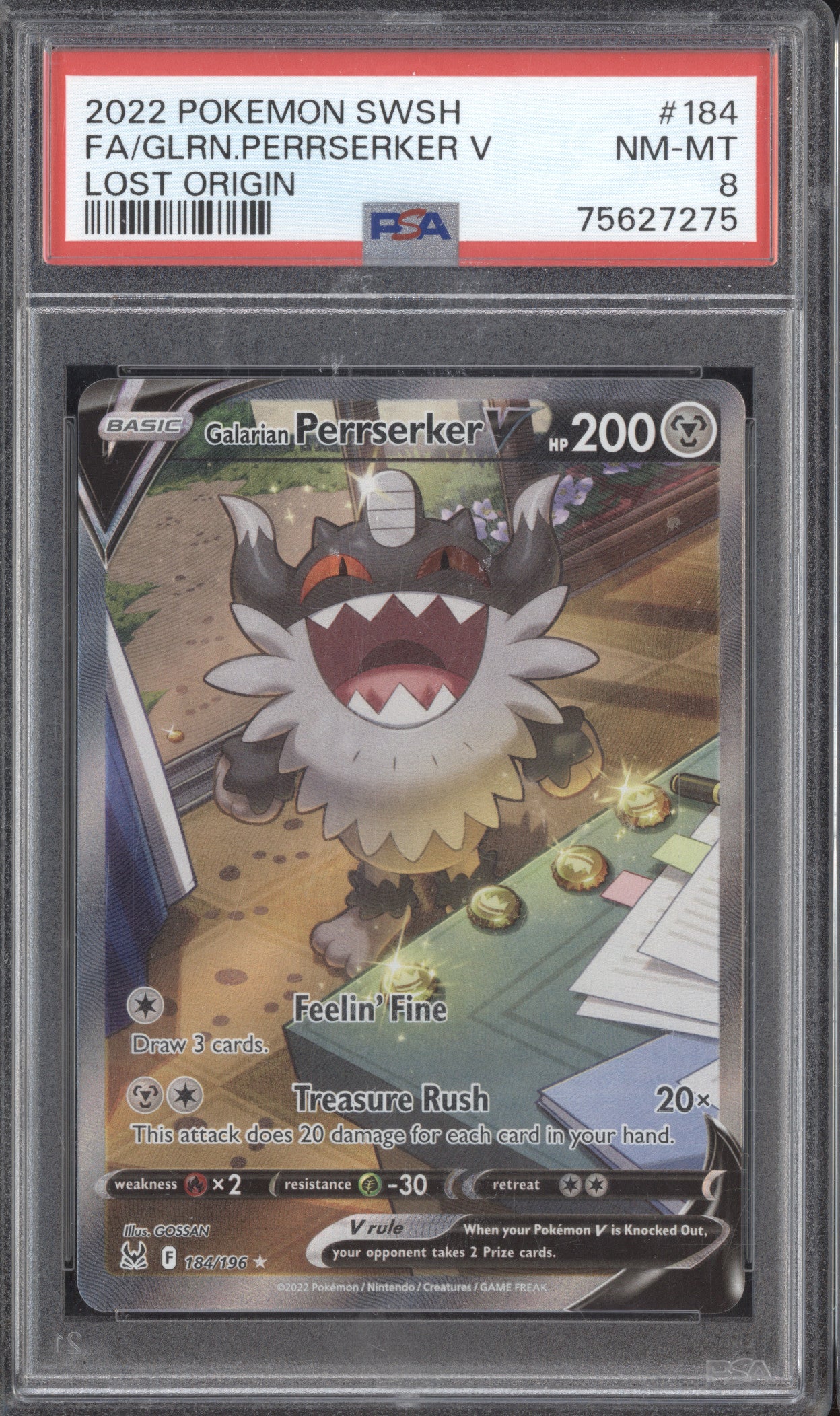 Galarian Purrserker V 22 Pokemon Lost Origin 184/196 Art Art PSA 8