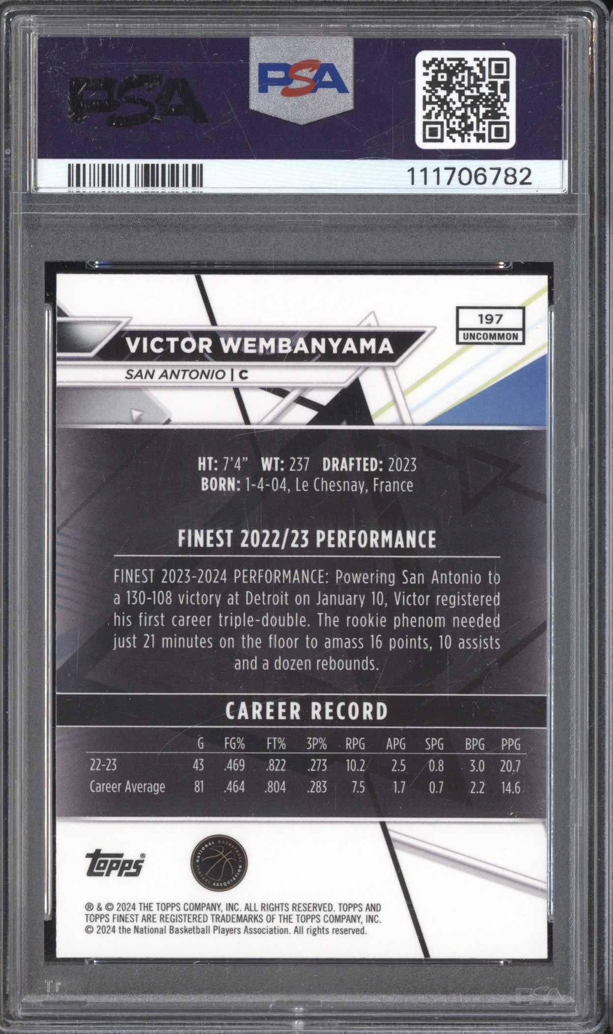 Victor Wembanyama 2023-24 Topps Finest 197 Checkerboard RC PSA 10