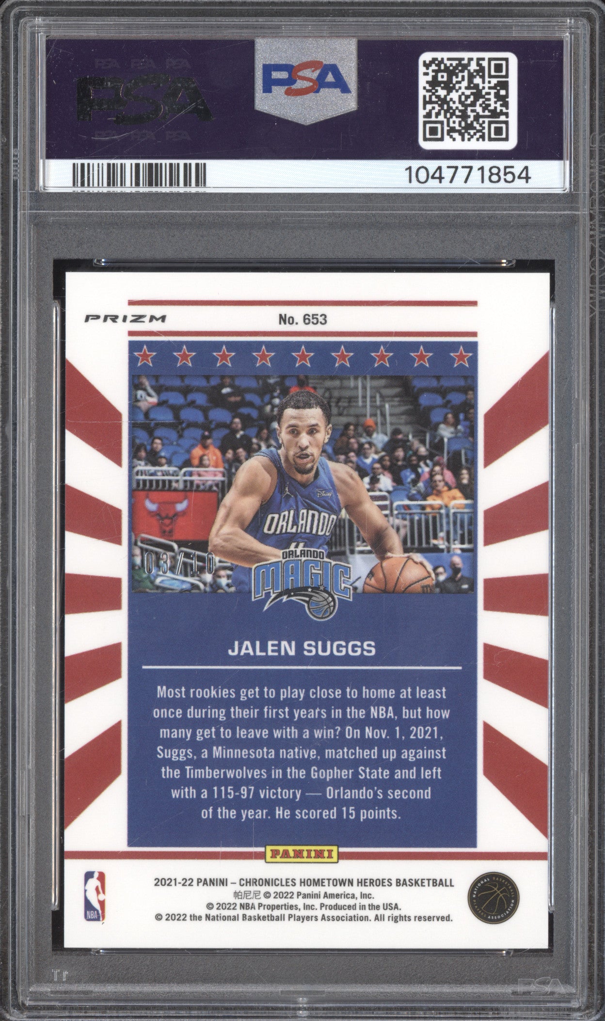 Jalen Suggs 2021-22 Panini Chronicles 653 Hometown Heroes Gold RC 3/10 PSA 10