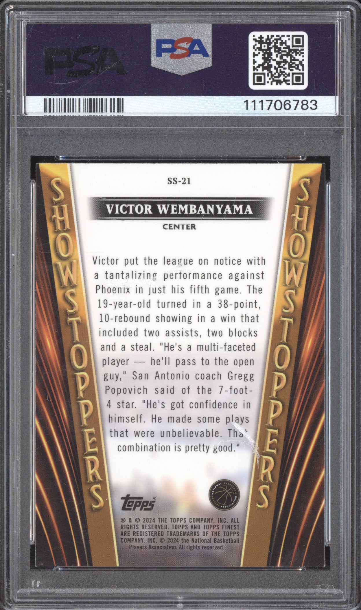 Victor Wembanyama 2023-24 Topps Finest SS21 Showstoppers Checkerboard RC PSA 8