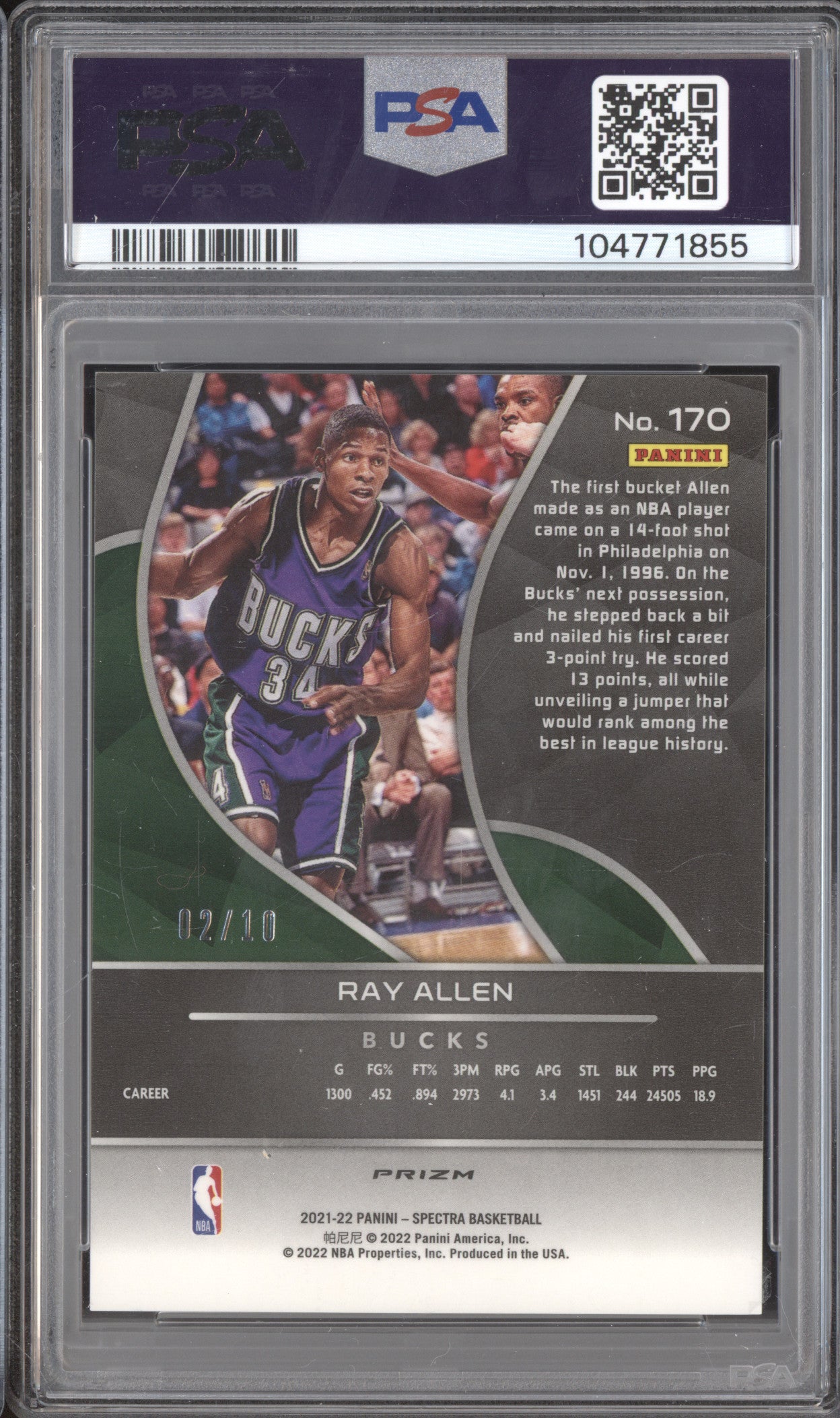 Ray Allen 2021-22 Panini Spectra 170 Asia Gold 2/10 PSA 8