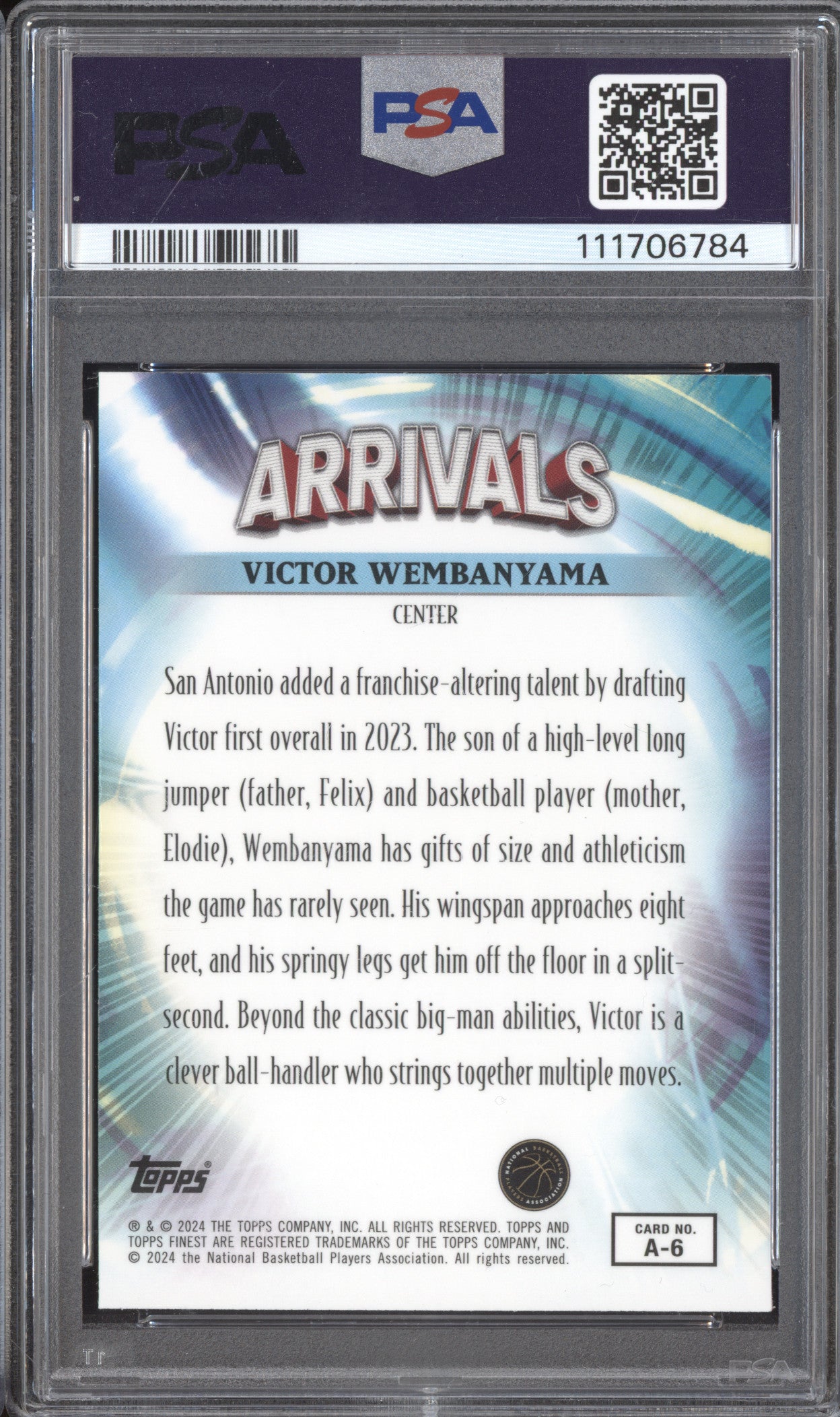 Victor Wembanyama 2023-24 Topps Finest A6 Arrivals Checkerboard RC PSA 10