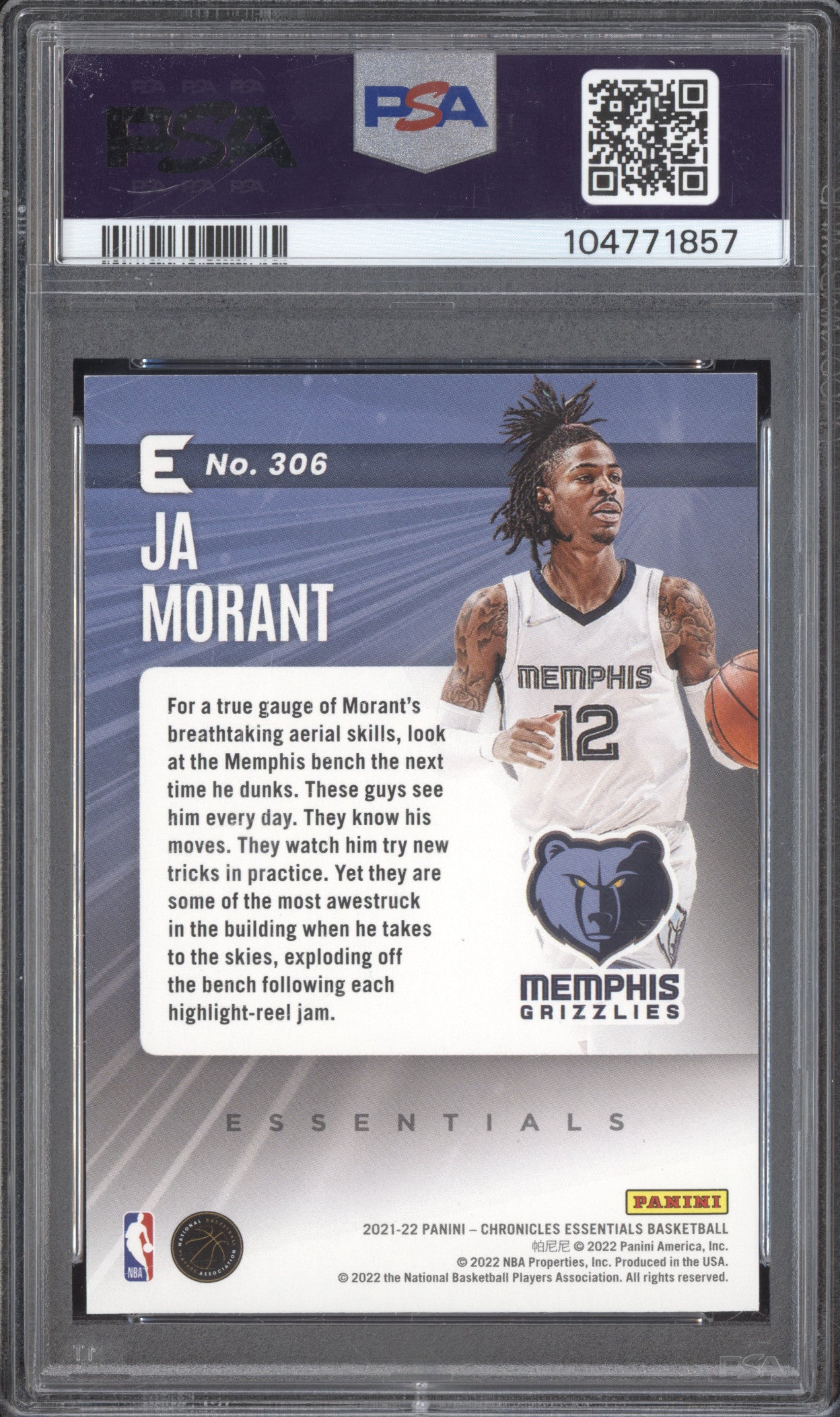 Ja Morant 2021-22 Panini Chronicles 306 Essentials Purple 34/49 PSA 9