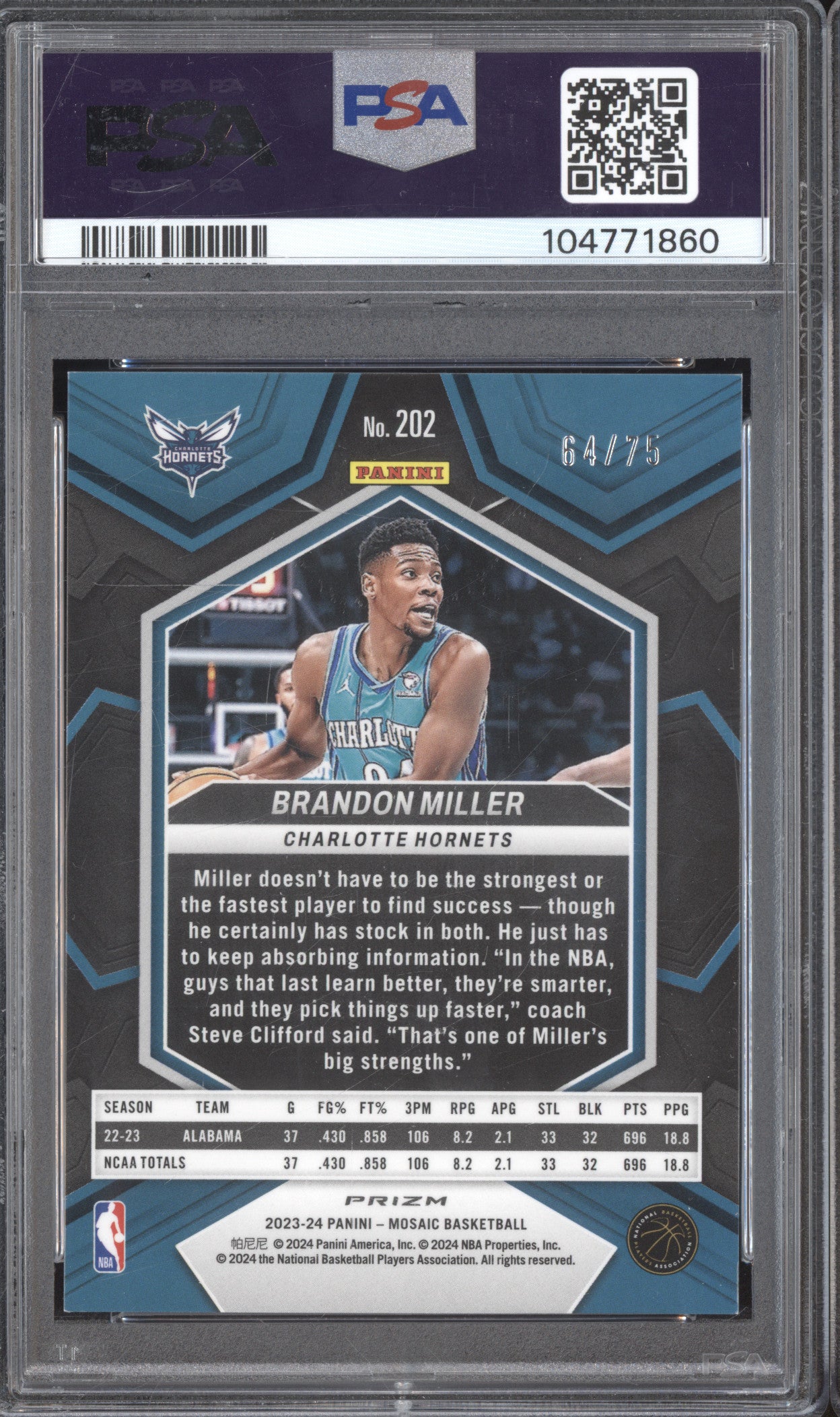 Brandon Miller 2023-24 Panini Mosaic 202 Fusion Red & Yellow Choice RC /75 PSA 9