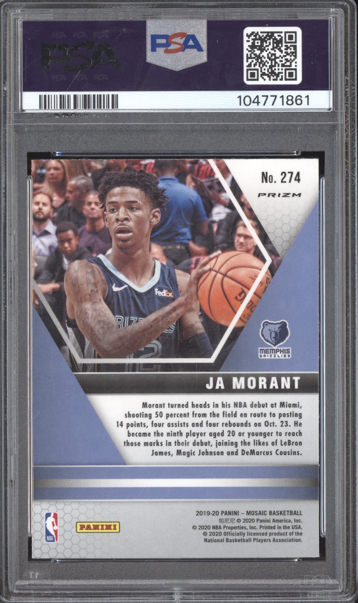Ja Morant 2019-20 Panini Mosaic 274 Green Mosaic RC PSA 10