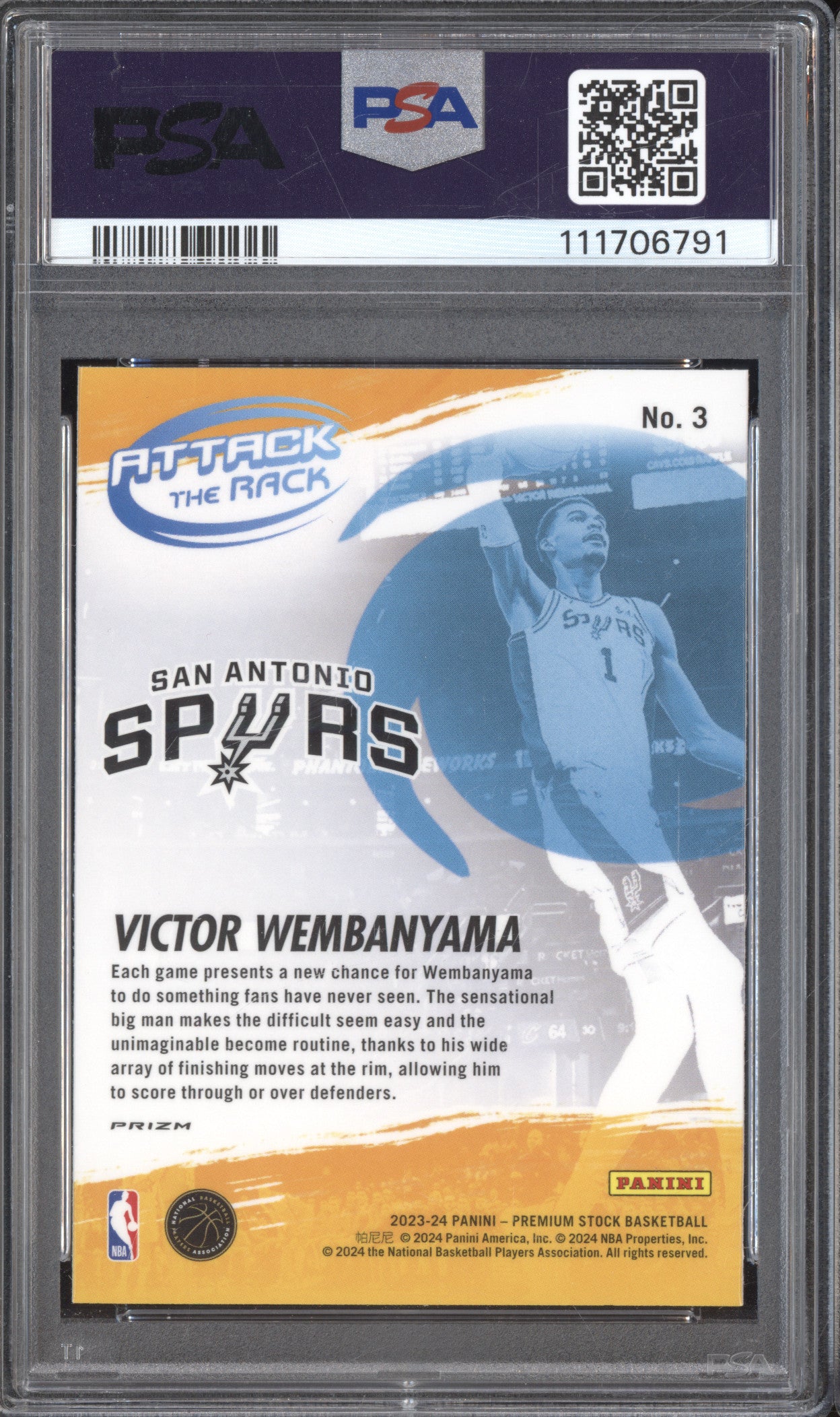 Victor Wembanyama 2023-24 Panini Hoops Premium 3 Attack the Rack Holo RC PSA 10