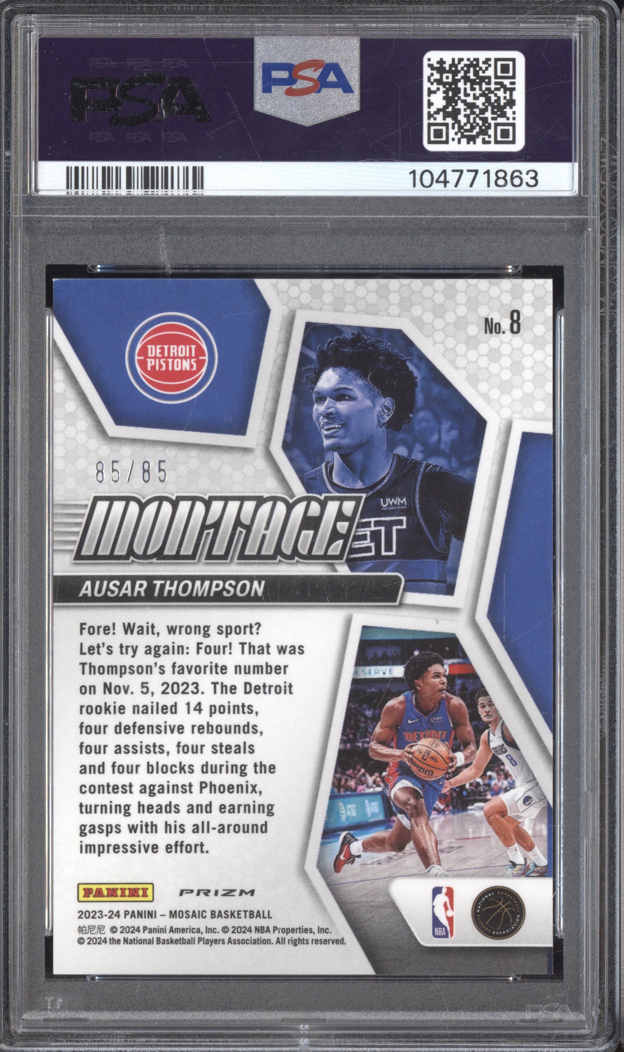 Ausar Thompson 2023-24 Panini Mosaic 8 Montage Blue Fast Break RC 85/85 PSA 9