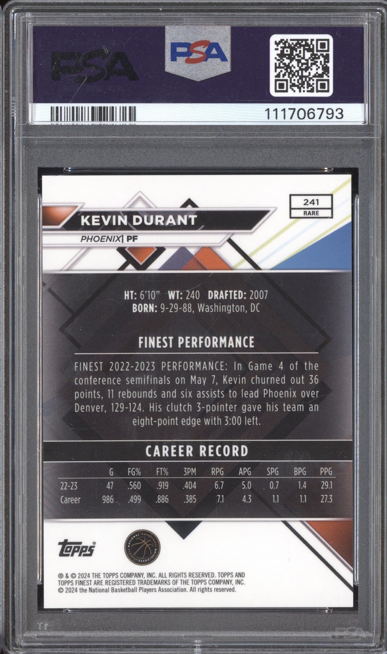 Kevin Durant 2023-24 Topps Finest 241 Black 4/15 PSA 10