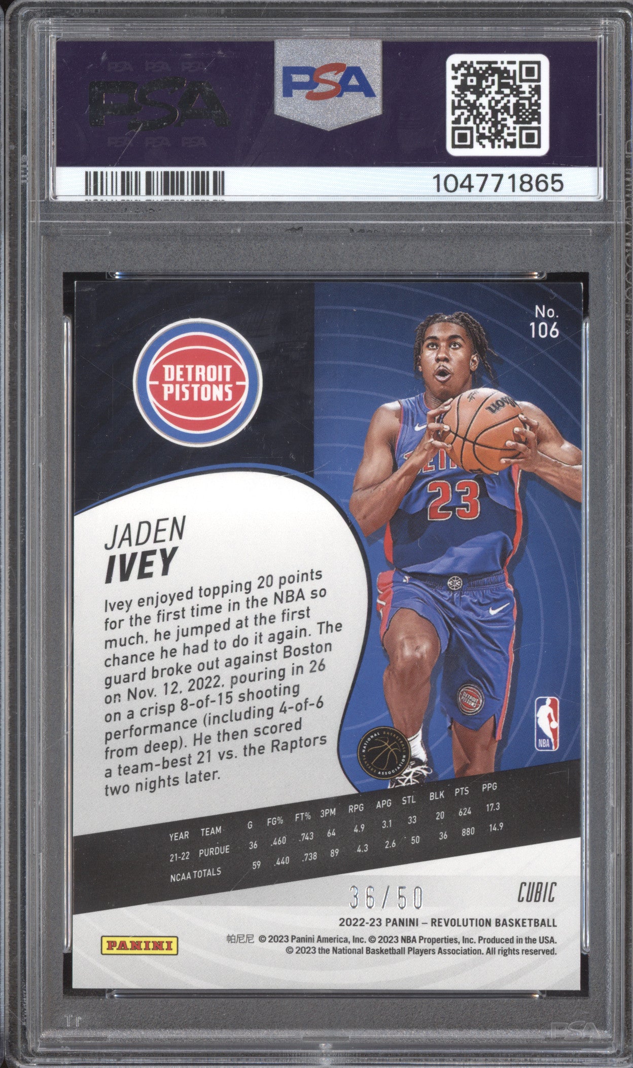Jaden Ivey 2022-23 Panini Revolution 106 Cubic RC 36/50 PSA 9