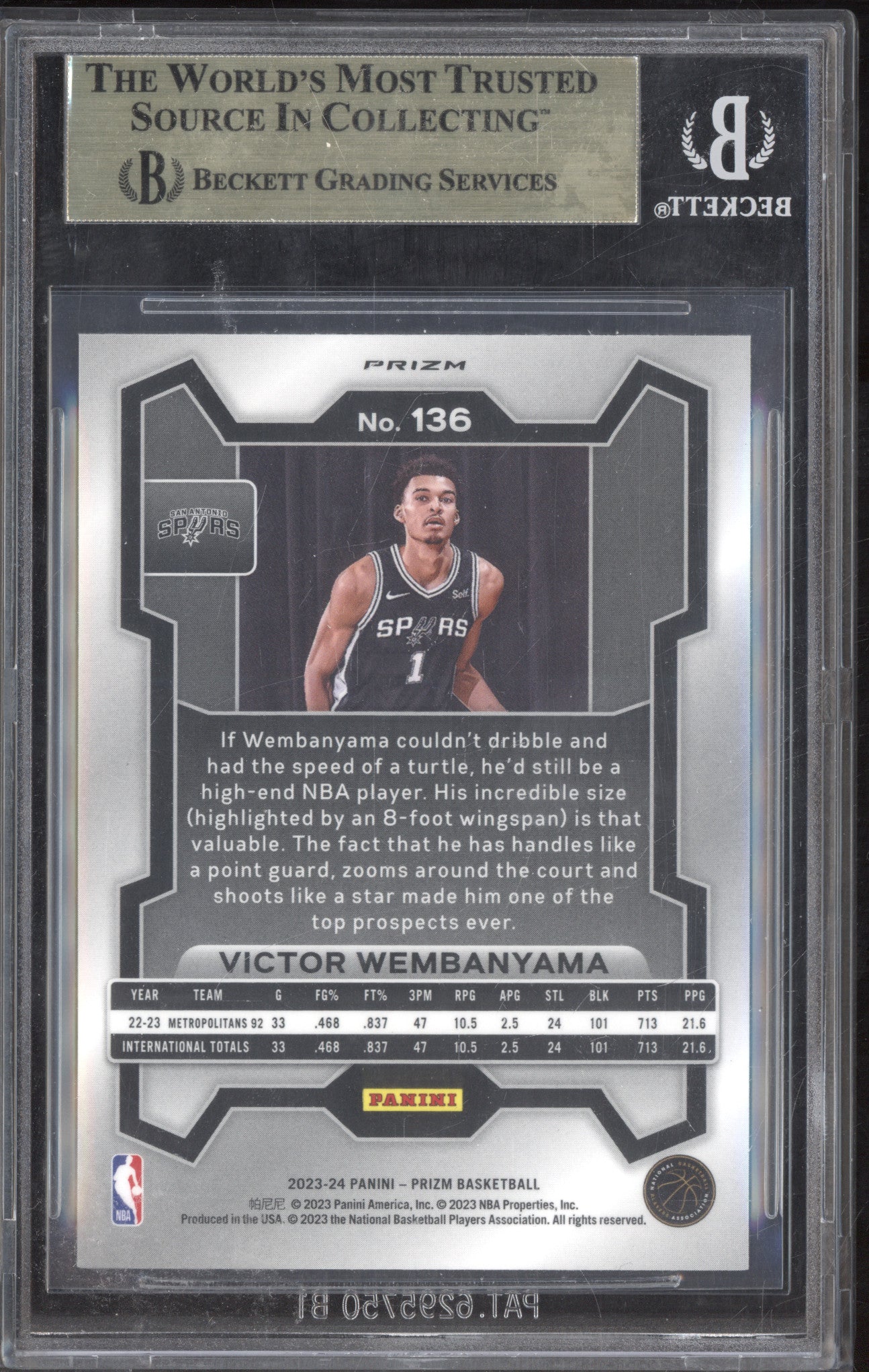 Victor Wembanyama 2023-24 Panini Prizm 136 Fast Break RC BGS 9.5