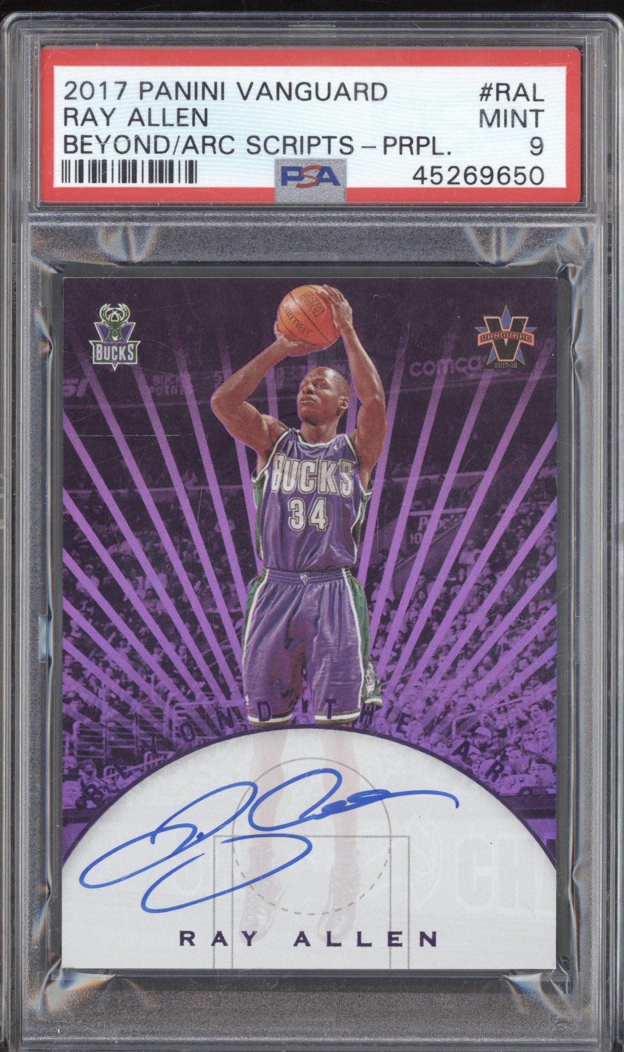 Ray Allen 2017-18 Panini Vanguard Beyond the Arc Scripts Purple Auto 4/25 PSA 9