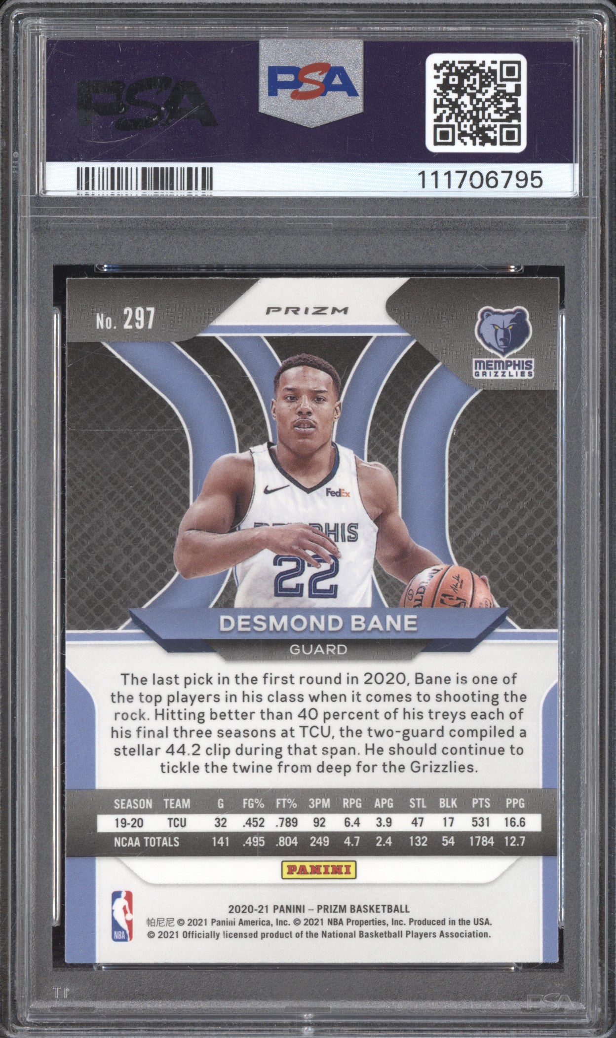 Desmond Bane 2020-21 Panini Prizm 297 Pink Ice RC PSA 9
