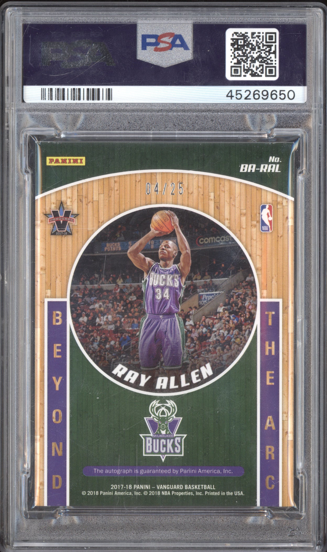 Ray Allen 2017-18 Panini Vanguard Beyond the Arc Scripts Purple Auto 4/25 PSA 9