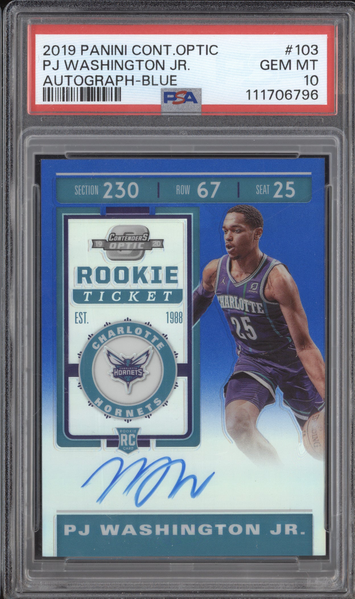 PJ Washington Jr 2019-20 Panini Contenders Optic 103 Blue Auto RC 37/49 PSA 10