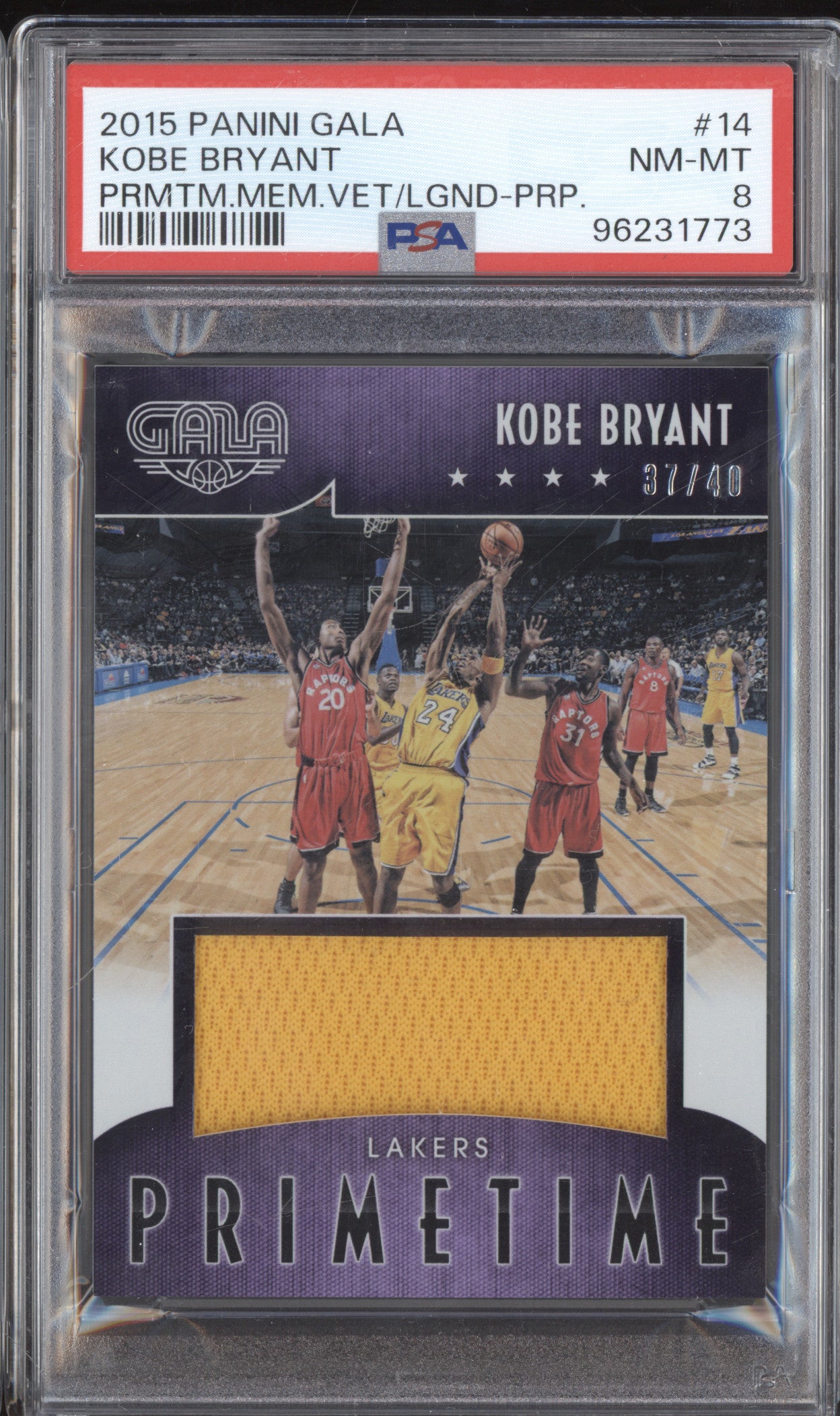 Kobe Bryant 2015-16 Panini Gala 14 Primetime Memorabilia Jersey 37/40 PSA 8