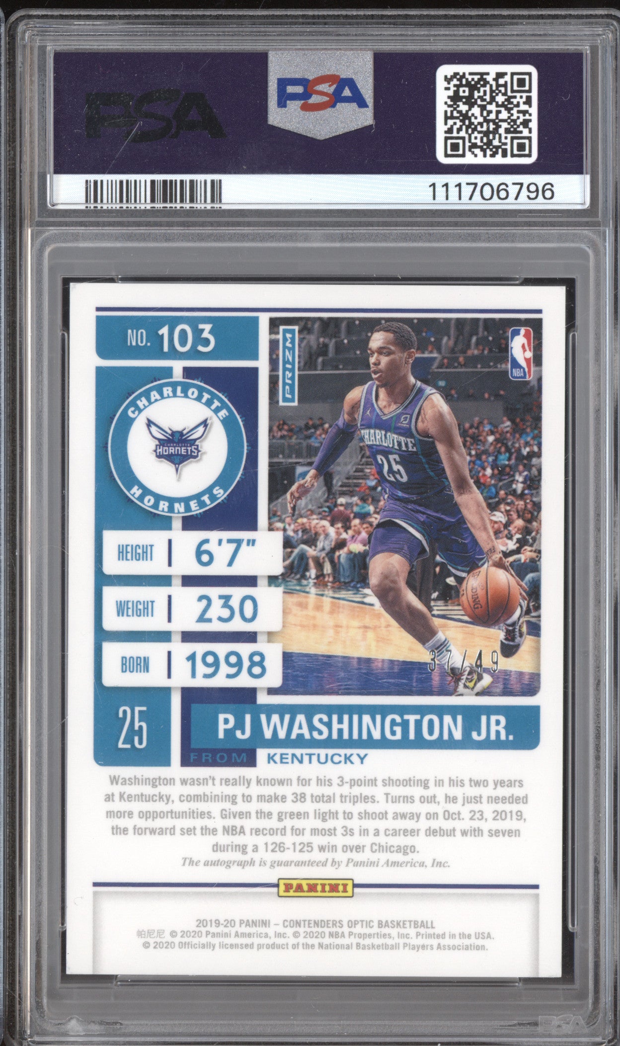 PJ Washington Jr 2019-20 Panini Contenders Optic 103 Blue Auto RC 37/49 PSA 10