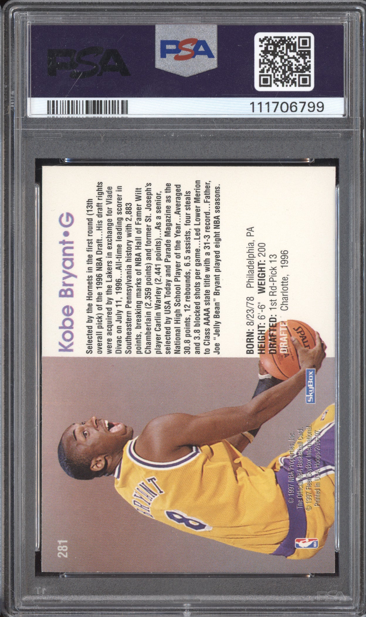 Kobe Bryant 1996-97 NBA Hoops  281 RC PSA 8