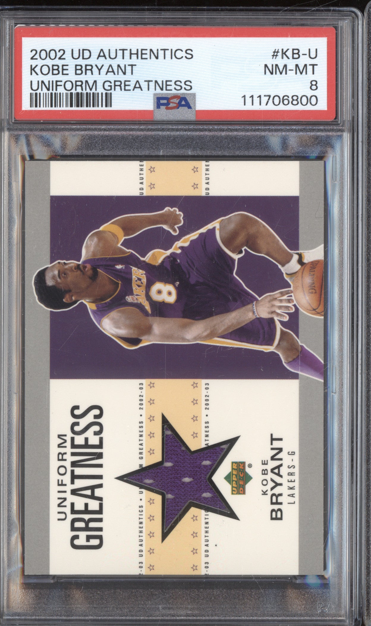 Kobe Bryant 2002-03 Upper Deck Authentics KB-U Uniform Greatness Jersey PSA 8