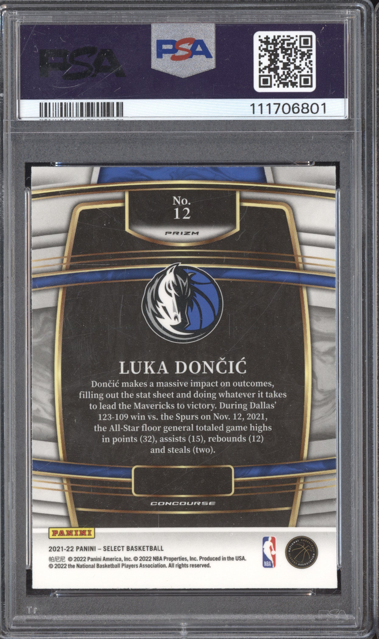 Luka Doncic 2021-22 Panini Select 12 Gold Wave PSA 9
