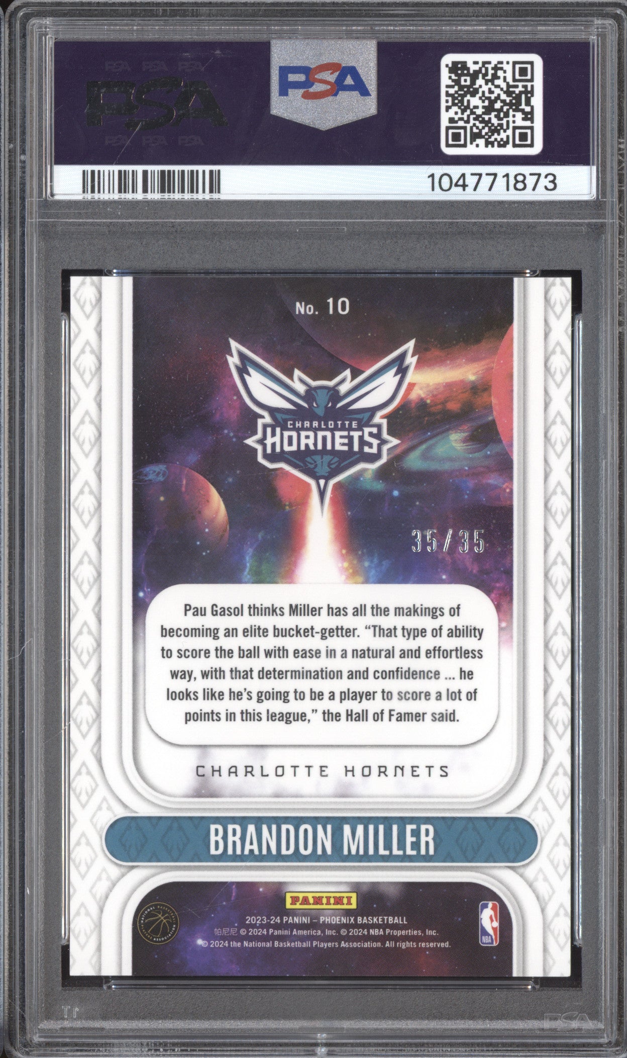 Brandon Miller 2023-24 Panini Phoenix 10 Rookie Rising Yellow RC 35/35 PSA 10