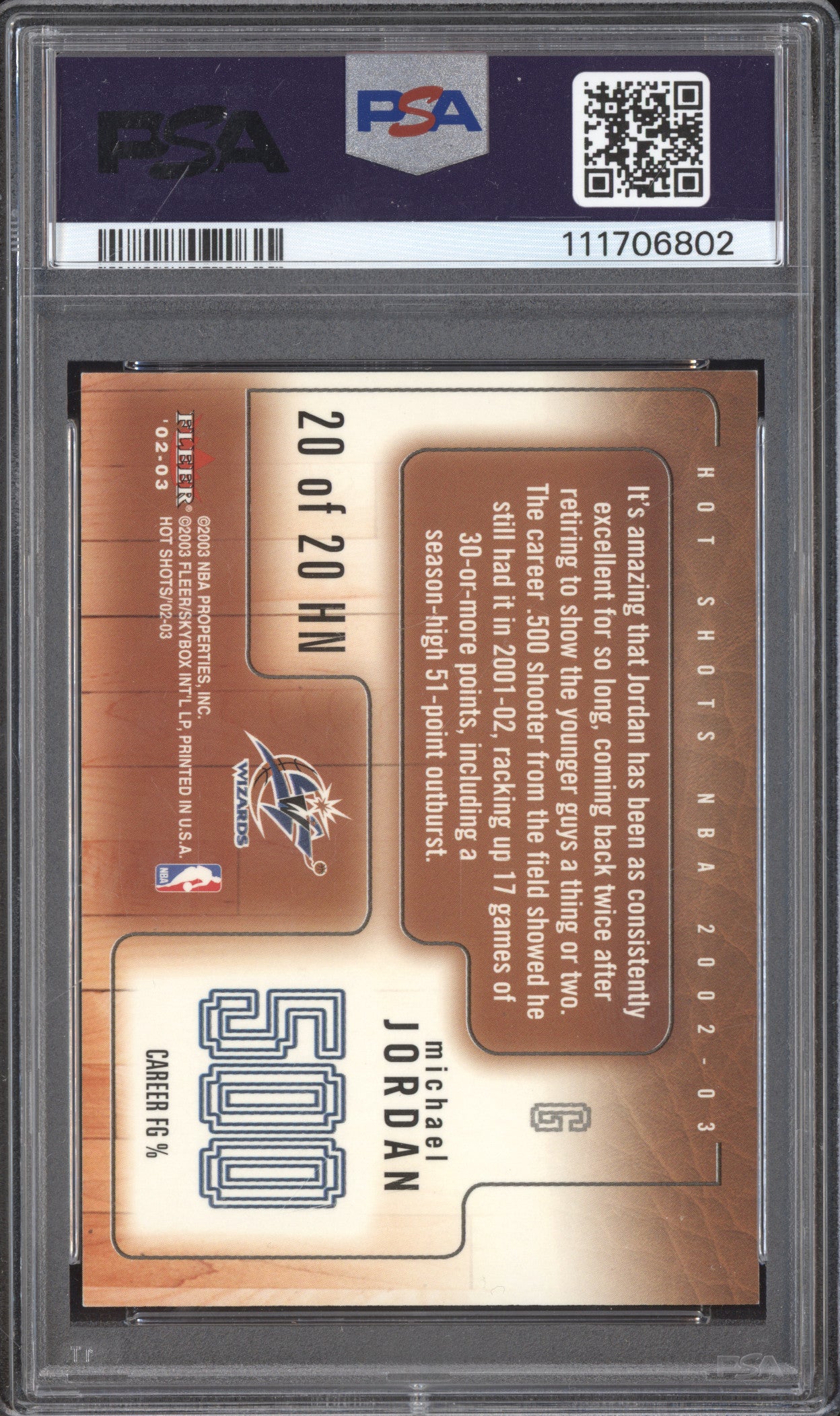 Michael Jordan 2002-03 Fleer Hot Shots 20 Hot Numbers 286/350 PSA 8