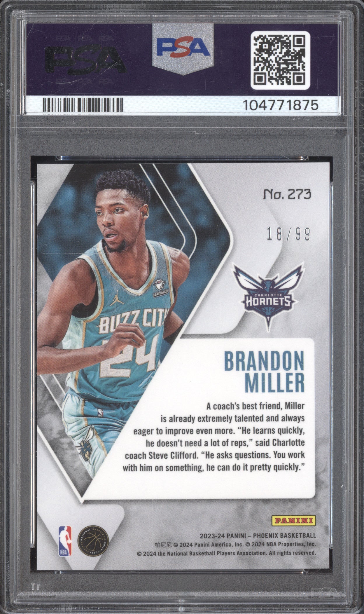 Brandon Miller 2023-24 Panini Phoenix 273 Orange RC 18/99 PSA 9