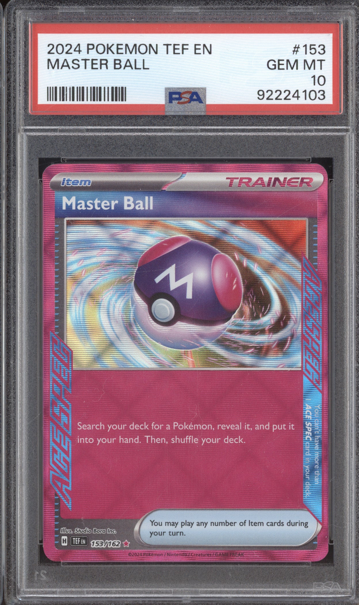 2024 Pokemon Temporal Forces TEF 153 Master Ball Ace Spec PSA 10