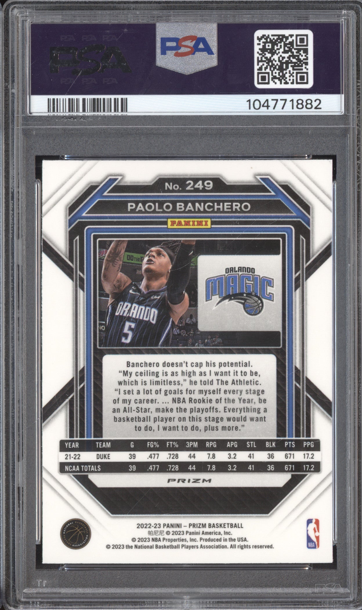 Paolo Banchero 2022-23 Panini Prizm 249 Silver Prizm RC PSA 9