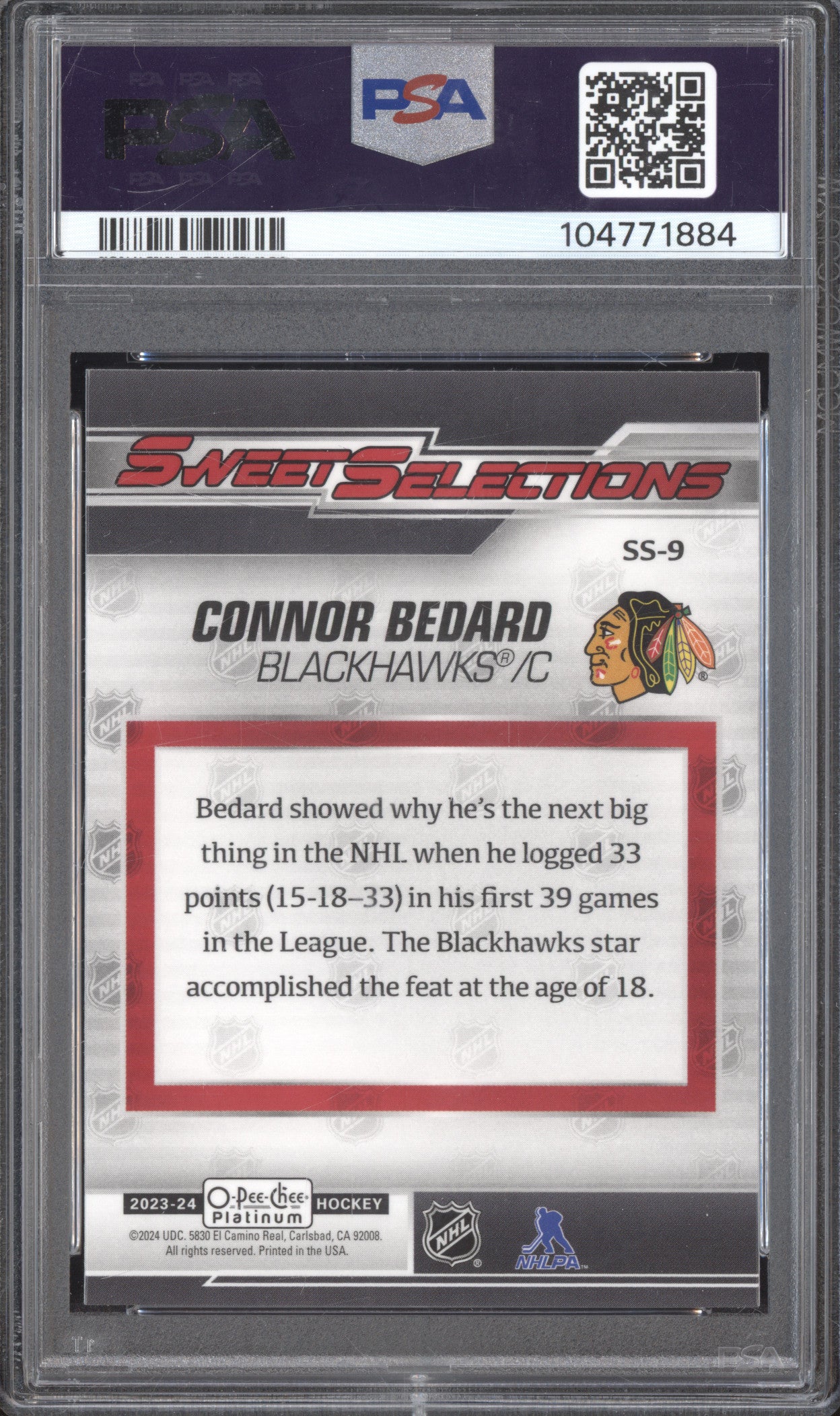 Connor Bedard 2023-24 O-Pee-Chee Platinum SS-9 Sweet Selections RC PSA 10