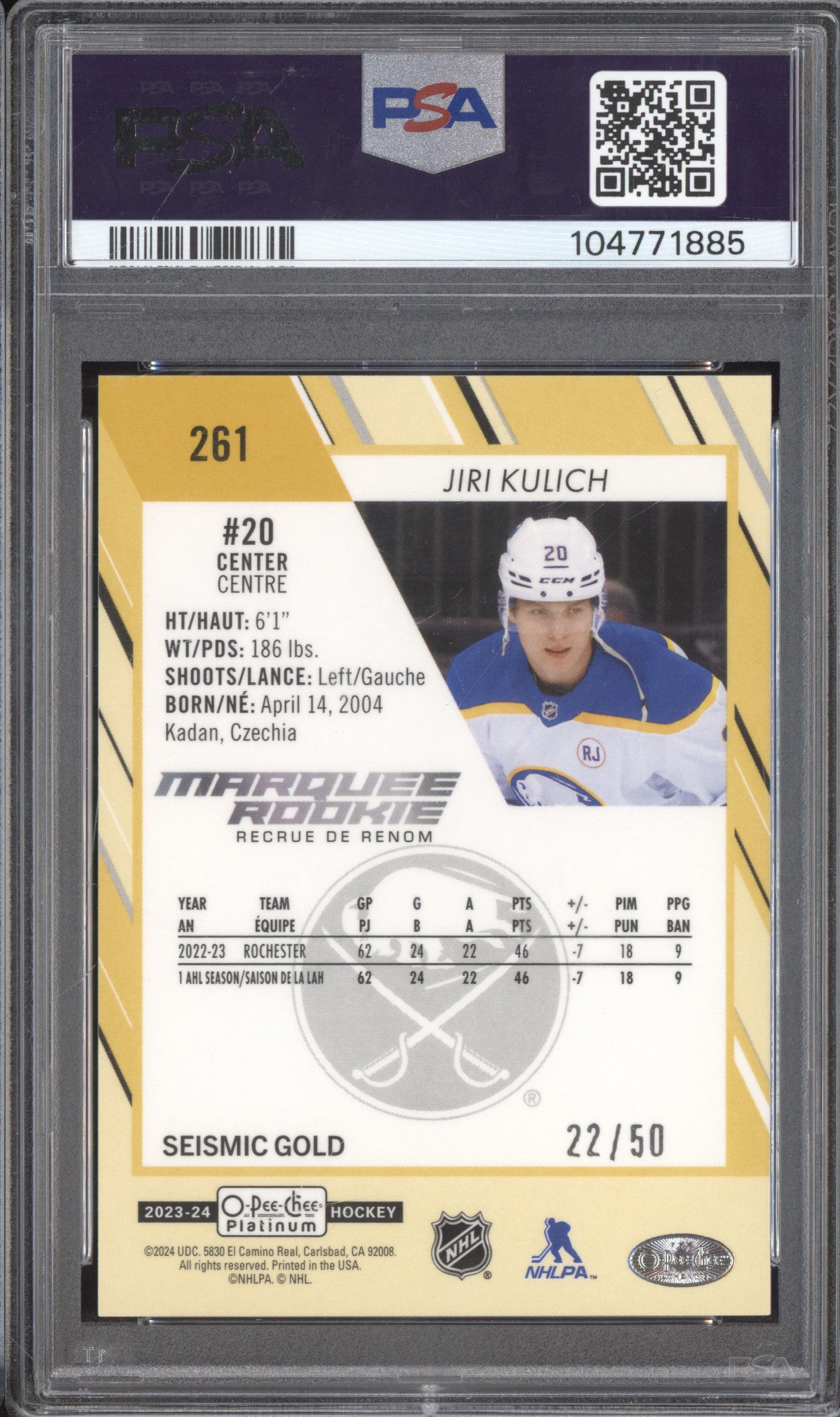 Jiri Kulich 2023-24 O-Pee-Chee Platinum 261 Seismic Gold RC 22/50 PSA 9