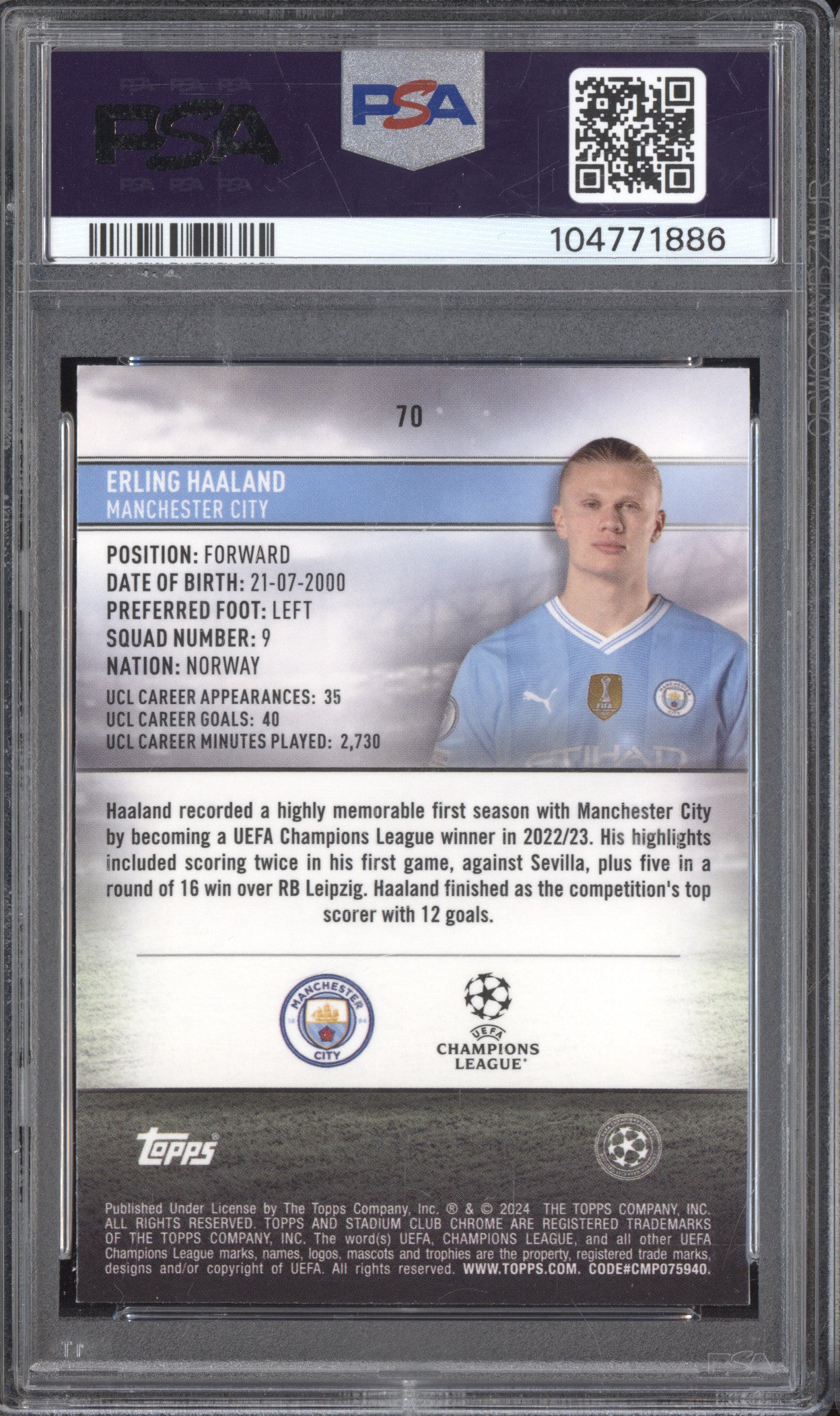 Erling Haaland 2023-24 Topps Stadium Club Chrome 70 Pink Red Elec Charge PSA 10