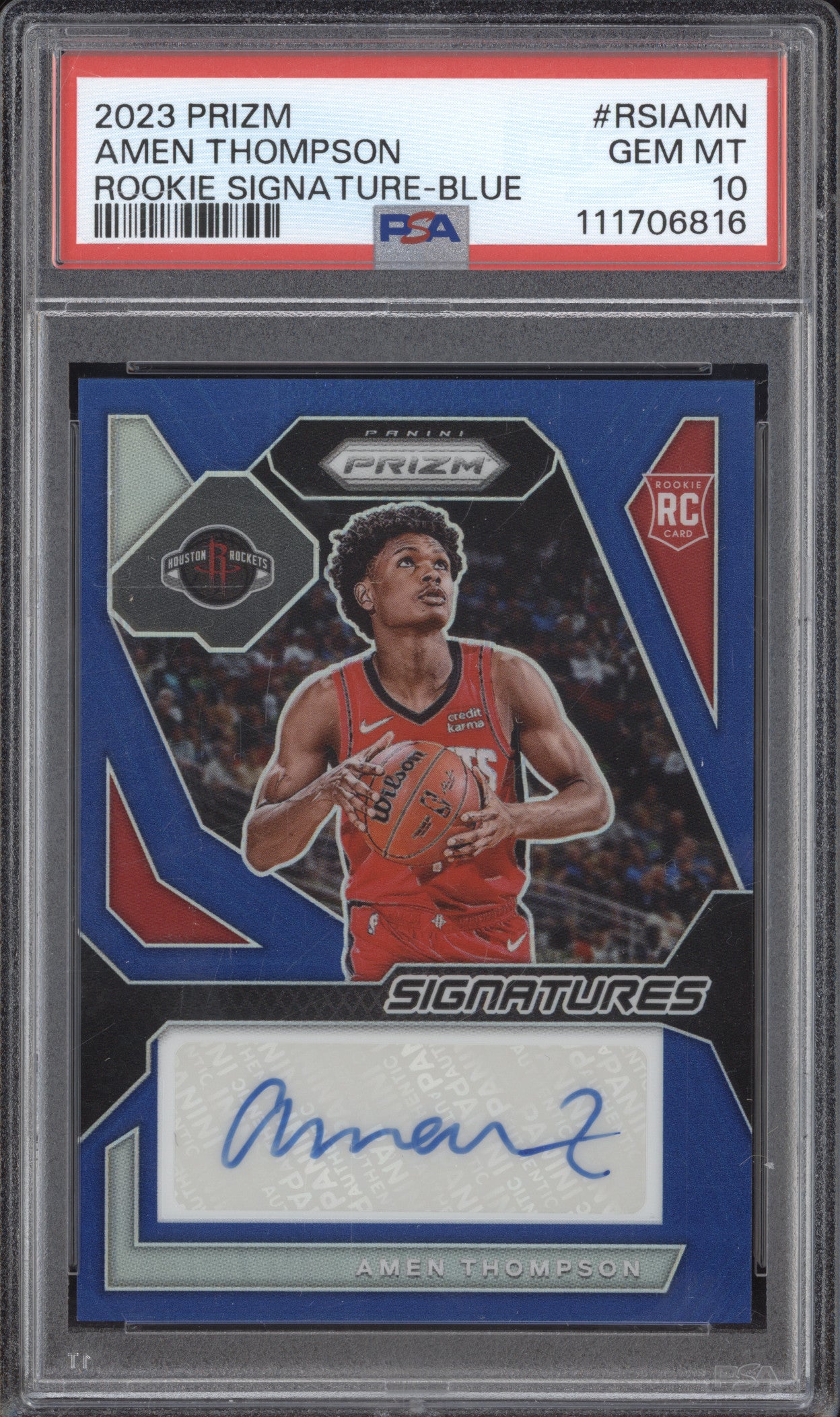 Amen Thompson 2023-24 Panini Prizm Rookie Signatures Blue RC 47/49 PSA 10