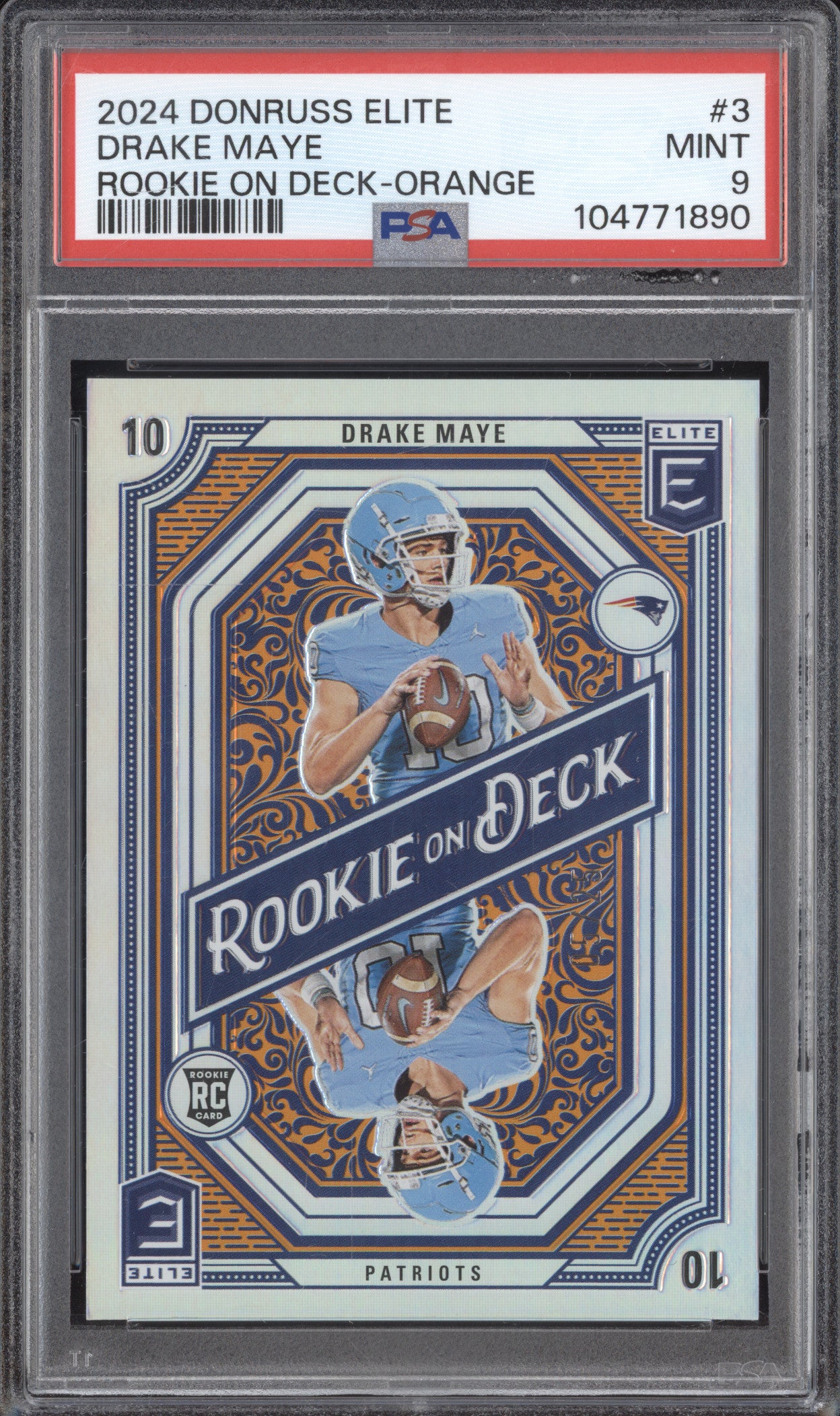 Drake Maye 2024 Panini Donruss Elite 3 Rookie On Deck Orange RC 5/25 PSA 9