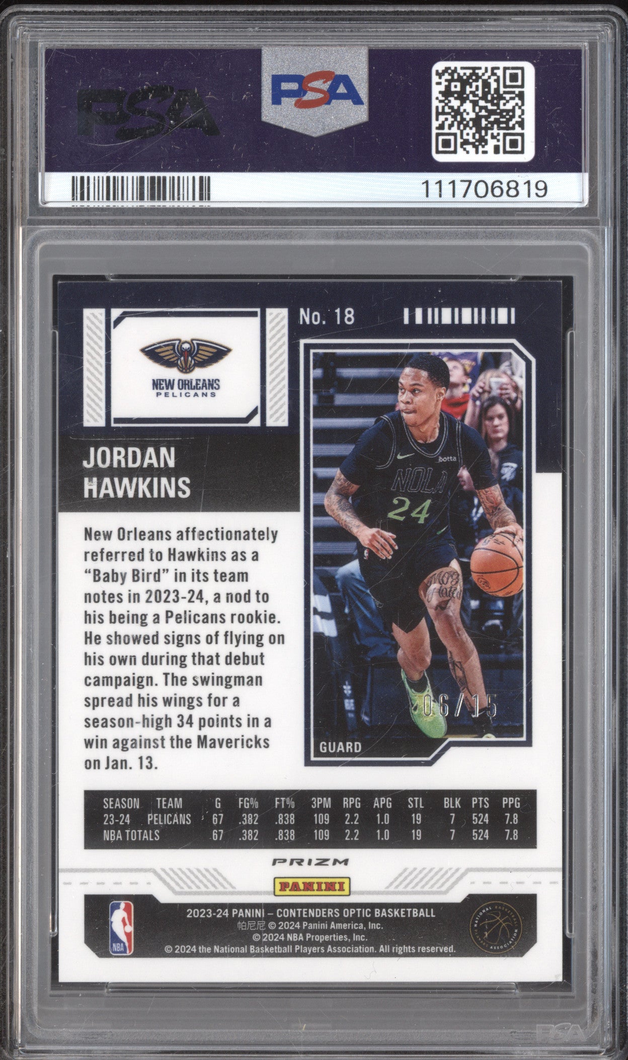 Jordan Hawkins 2023-24 Panini Contenders Optic 18 Purple RC 6/15 PSA 9