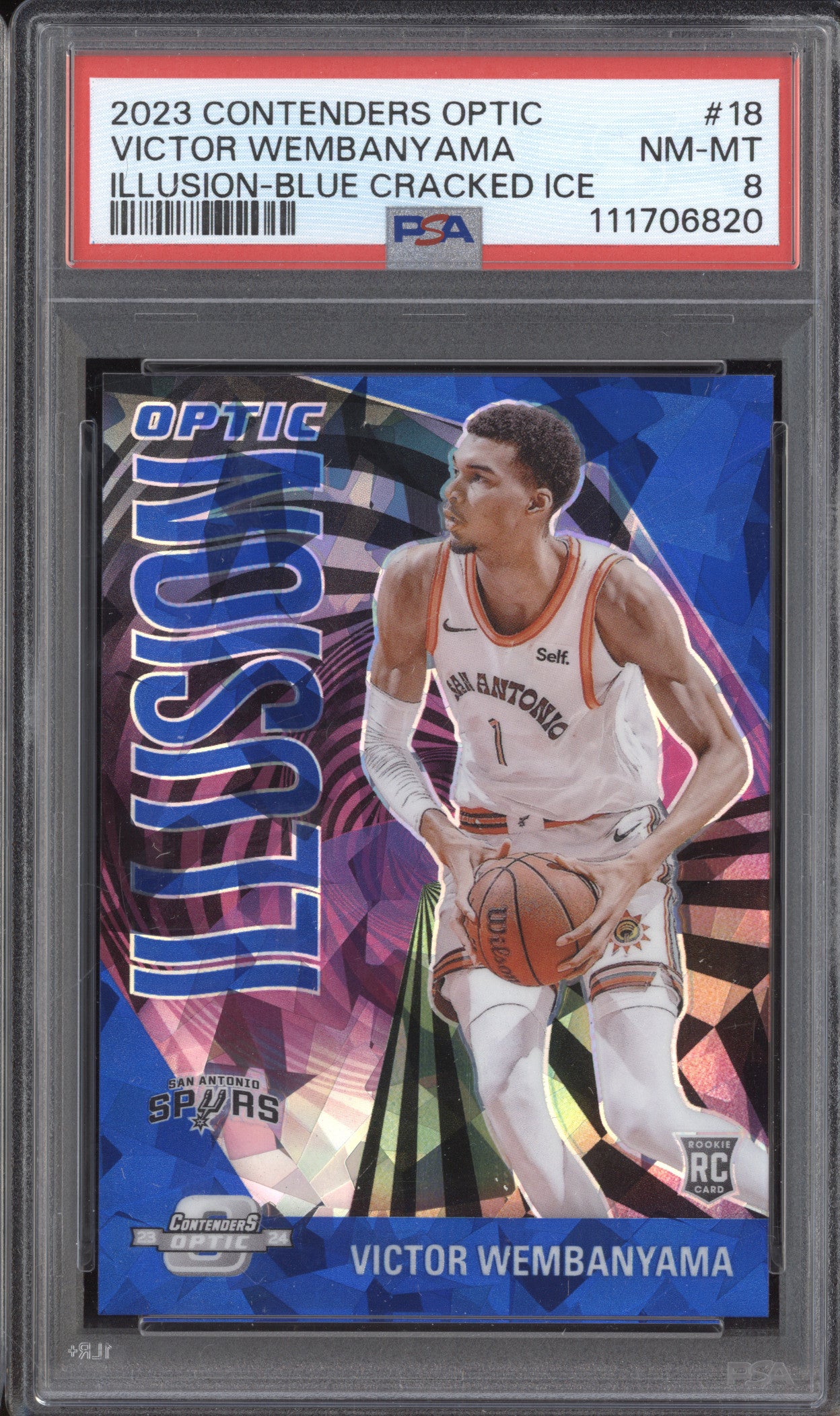Victor Wembanyama 2023-24 Panini Contenders Optic Illusion Blue Ice RC /75 PSA 8