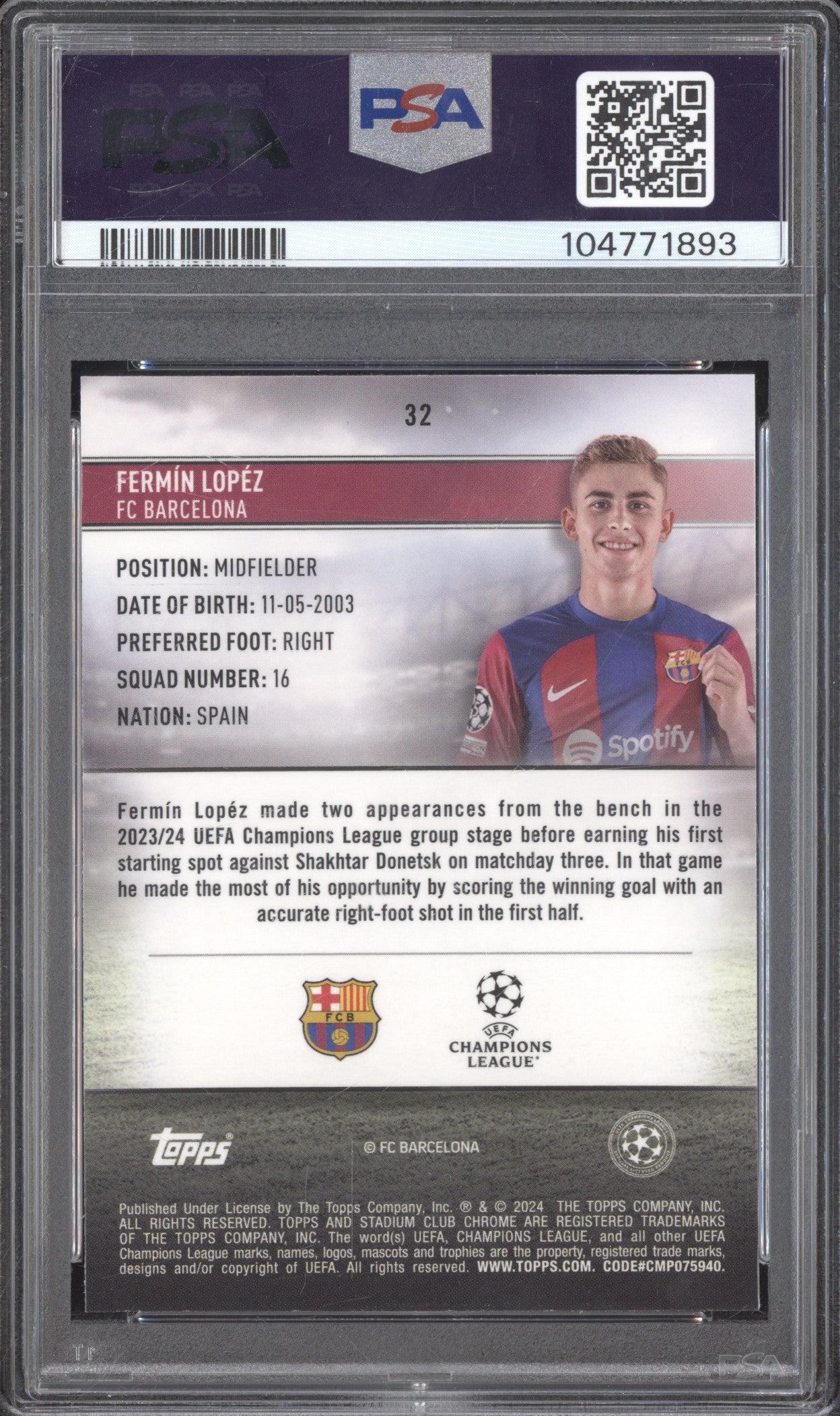Fermin Lopez 2023-24 Topps Stadium Club Chrome 32 Sepia Prism RC 8/75 PSA 10