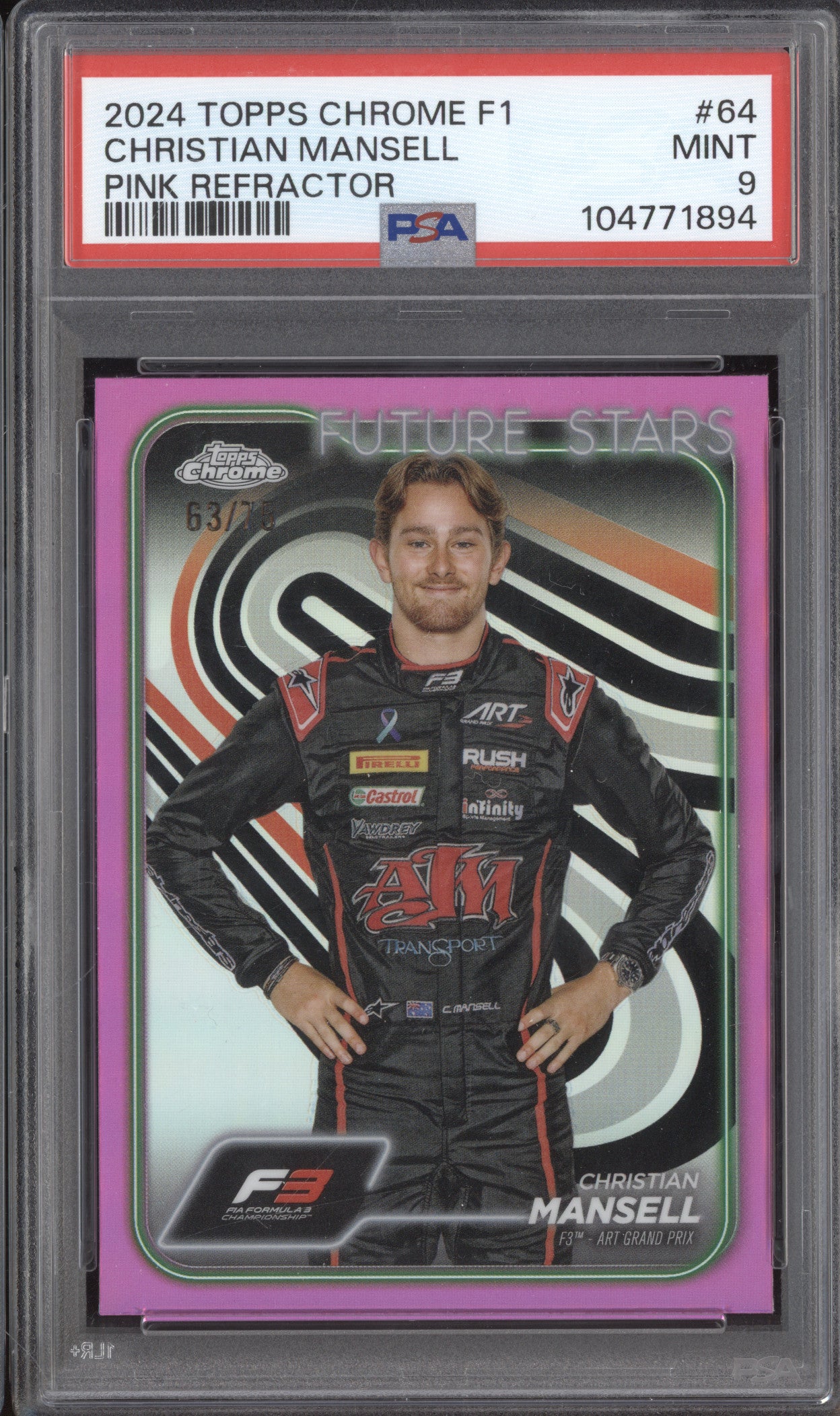 Christian Mansell 2024 Topps Chrome F1 64 Pink Refractor 63/75 PSA 9