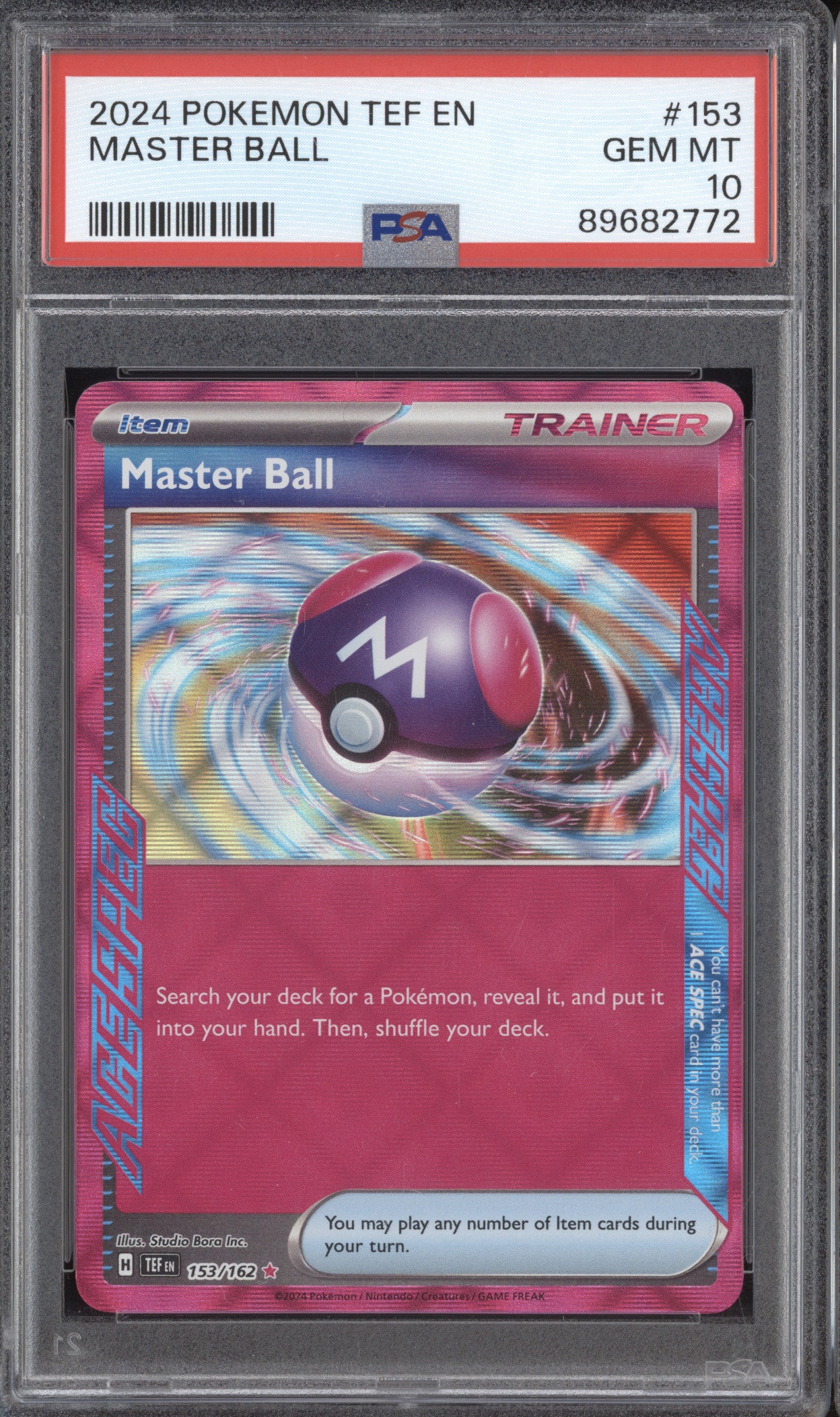 Master Ball 2024 Pokemon Temporal Forces 153/162 Ace Spec PSA 10