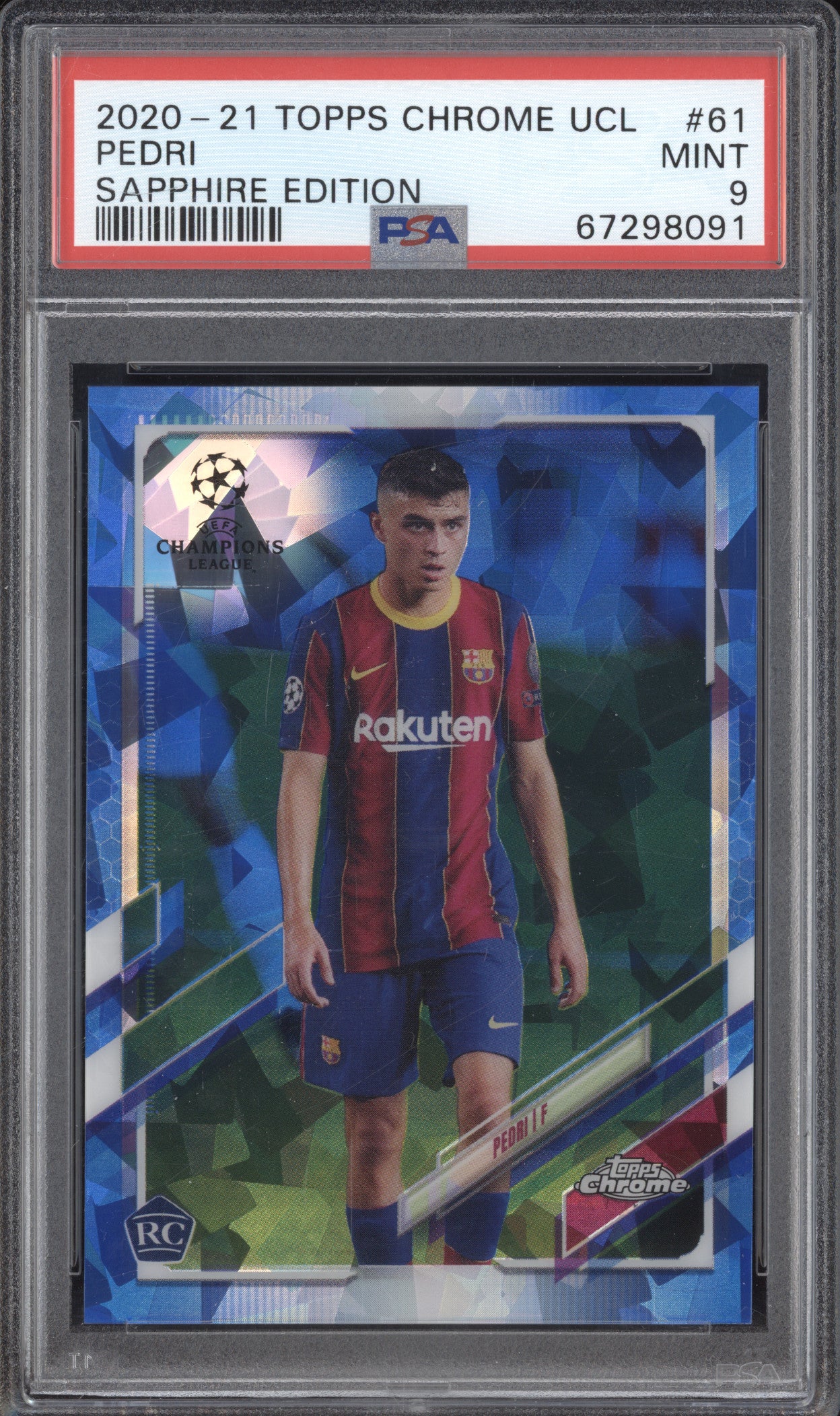 Pedri 2020-21 Topps Chrome UCL Sapphire 61 RC PSA 9
