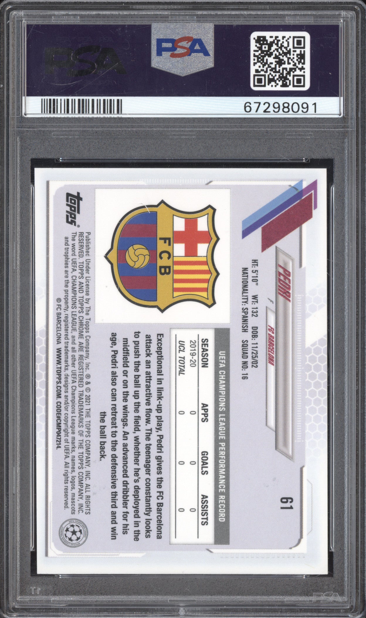 Pedri 2020-21 Topps Chrome UCL Sapphire 61 RC PSA 9