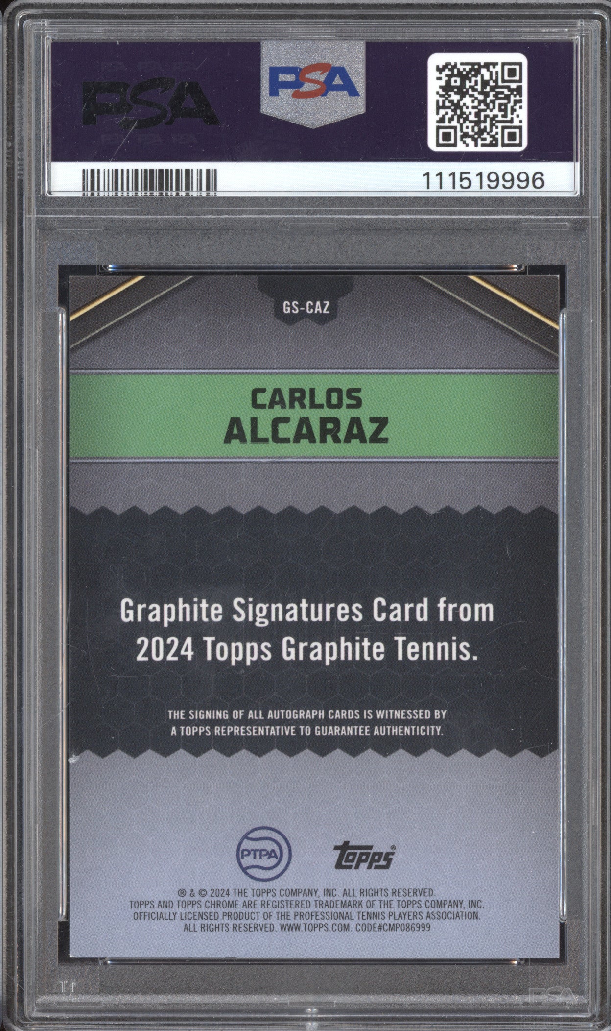 Carlos Alcaraz 2024 Topps Graphite Graphite Signature Green Auto 7/75 PSA 9/10