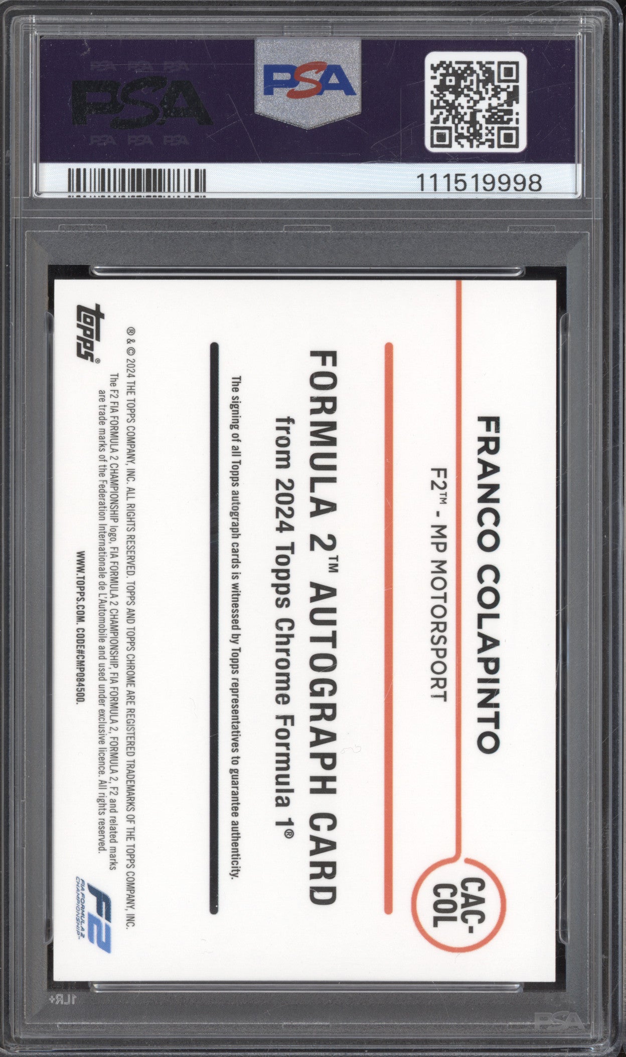 Franco Colapinto 2024 Topps Chrome Formula 1 CAC-COL Red Auto 4/5 PSA 9/10